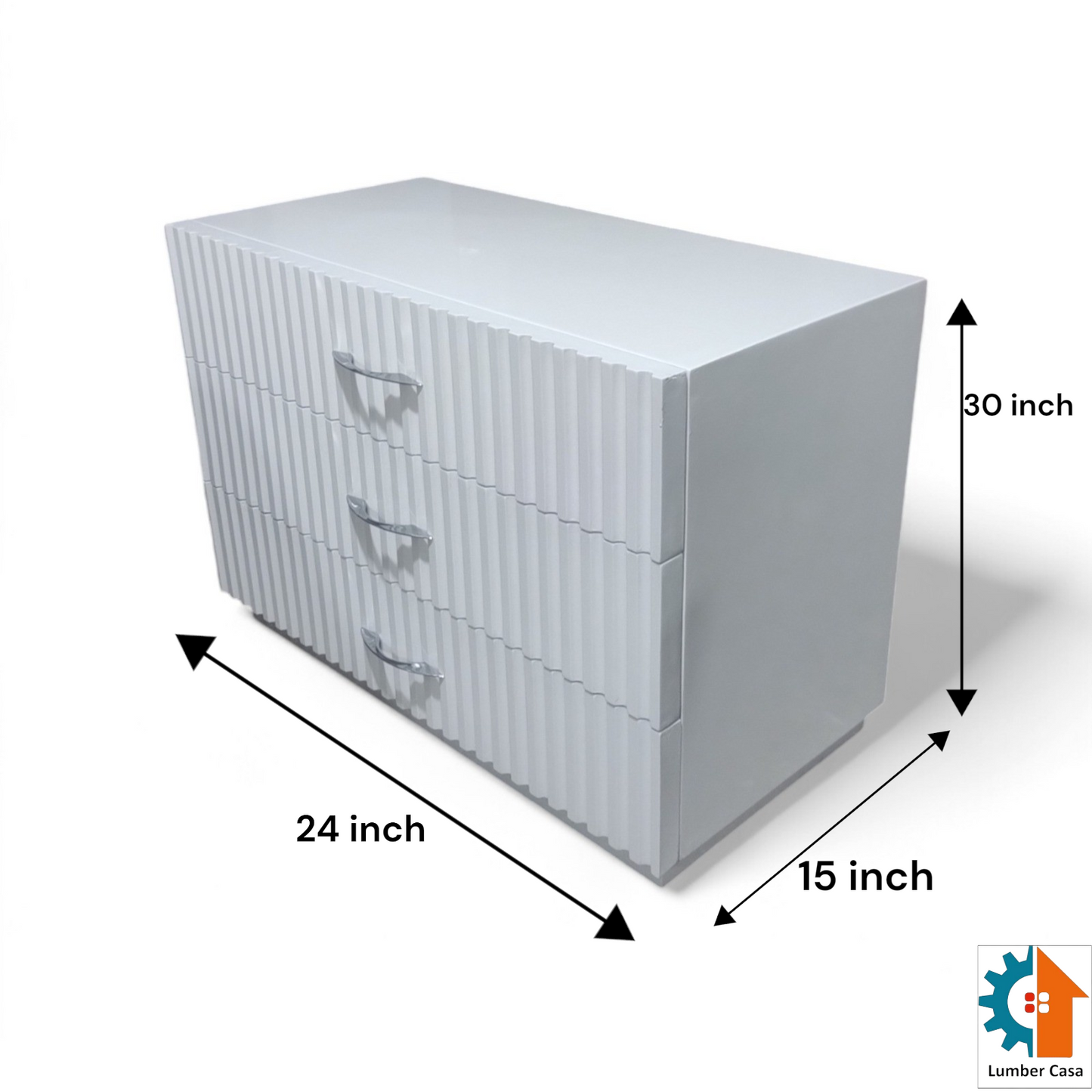 Modern White Fluted 3-Drawer Plywood and MDF Dresser with Elegant Silver Chrome Handles