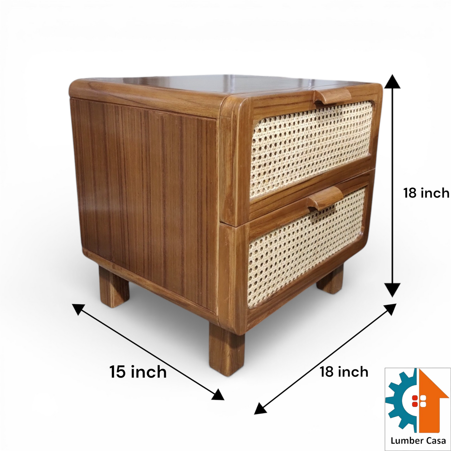 Lumber Casa Bedside Table Teak Wood and Rattan Cane, 45x38x45 cm, Boho Style Solid Wood Bedside Table (Finish Color - LIGHT WALNUT, Pre-assembled)