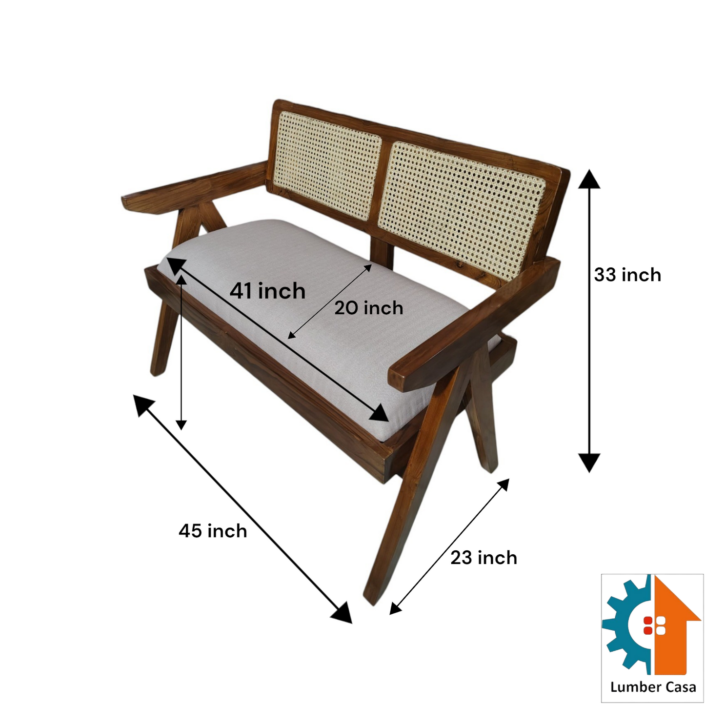 Teak Wood Rattan Back 2-Seater Sofa, White Cushion, Natural Matte Finish