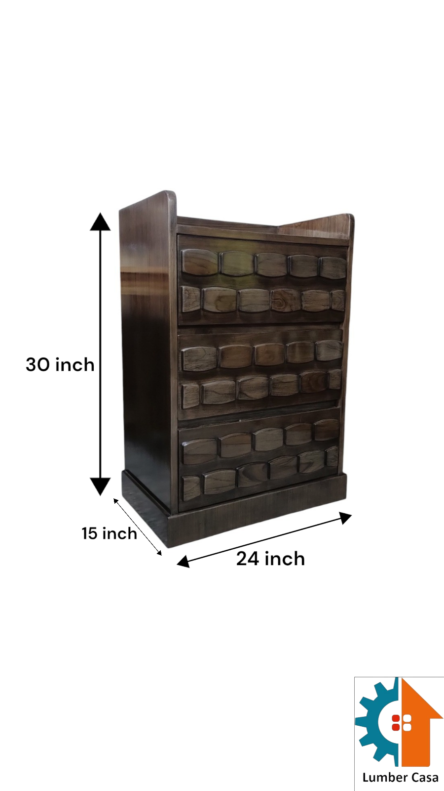 Lumber Casa Wooden Nightstand with 3 Drawers, Dark Brown,Bedroom Side Table Solid Wood Bedside Table (Finish Color - teak walnut, Pre-assembled)