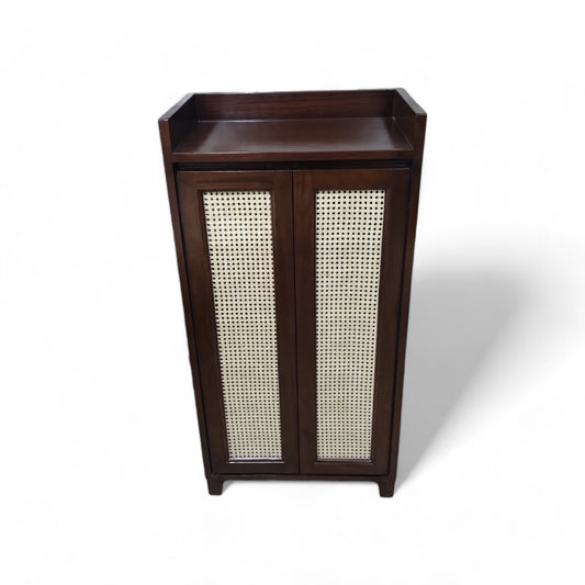 Handcrafted Solid Teak Wood Storage Cabinet in Walnut Finish with Premium Rattan Cane Weaving – Elegant Multi-Purpose Home Organiser Unit