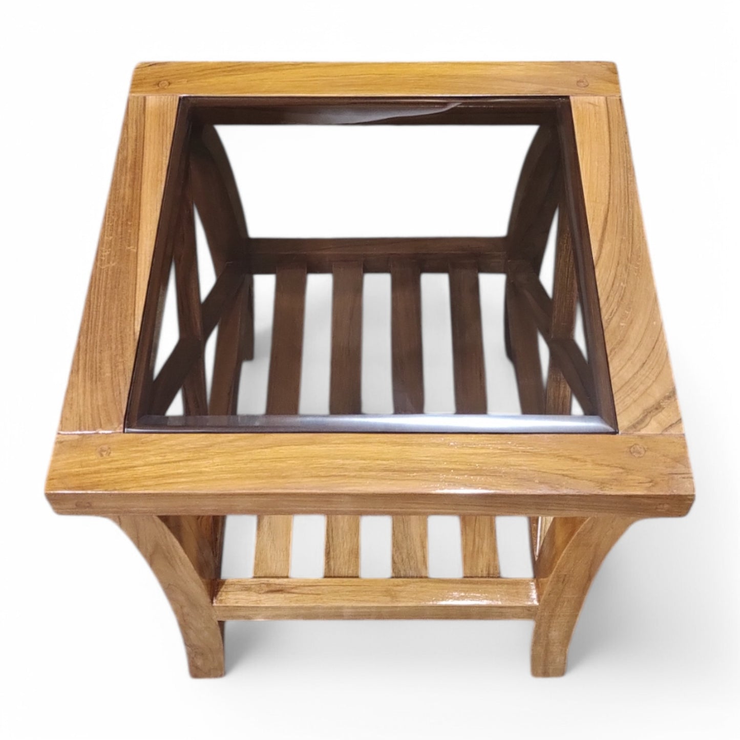 Teak Wood End Table with Glass Top