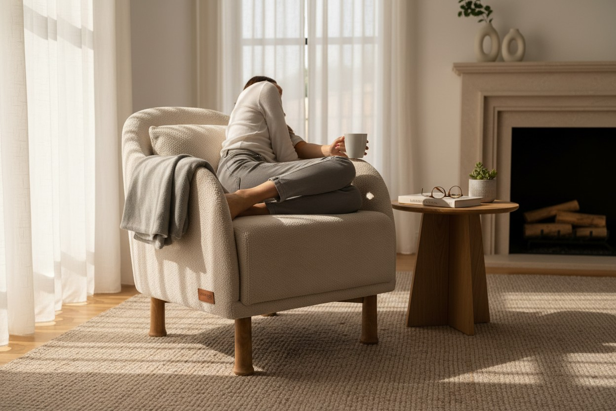 Lumber Casa Sofa Chair, Light Grey Boucle Fabric, with Lumbar Cushion, Wooden Legs, 26x26x35 Inch