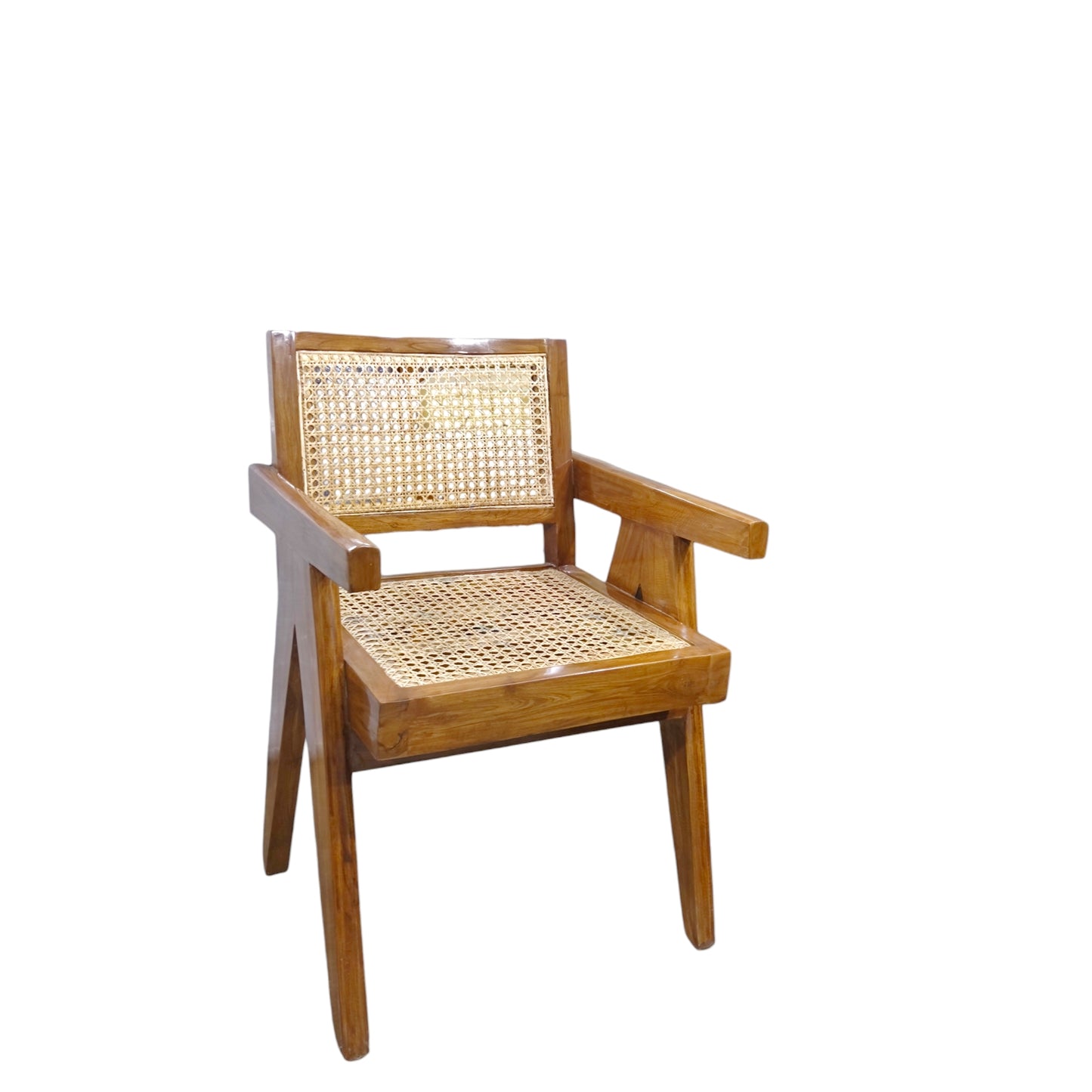 Teak Wood Armchair with Natural Rattan CANE Mid-Century Modern Living Room Solid Wood Living Room Chair (Finish Color - LIGHT WALNUT, Pre-assembled)