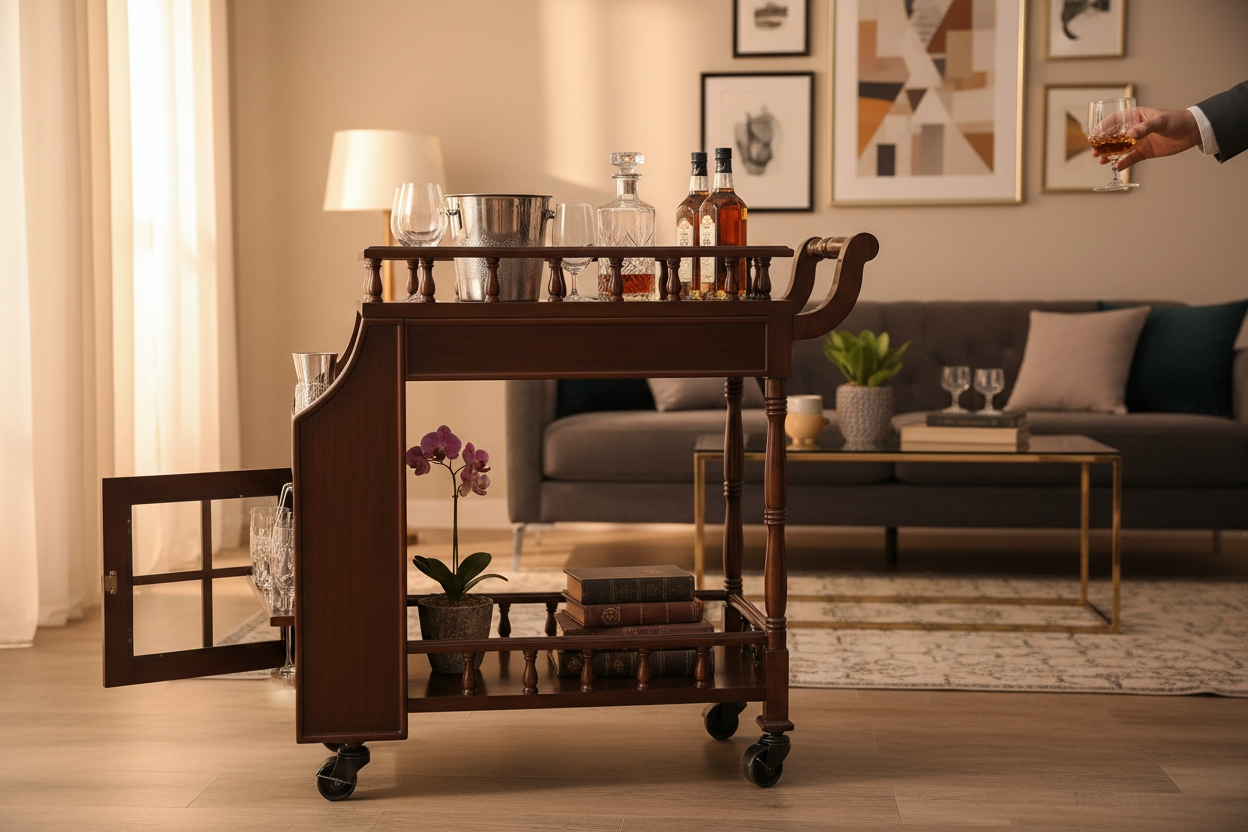 Solid Wood Bar Trolley with Shelves and Hooks, Light Walnut Finish, Pre-Assembled (Brown)