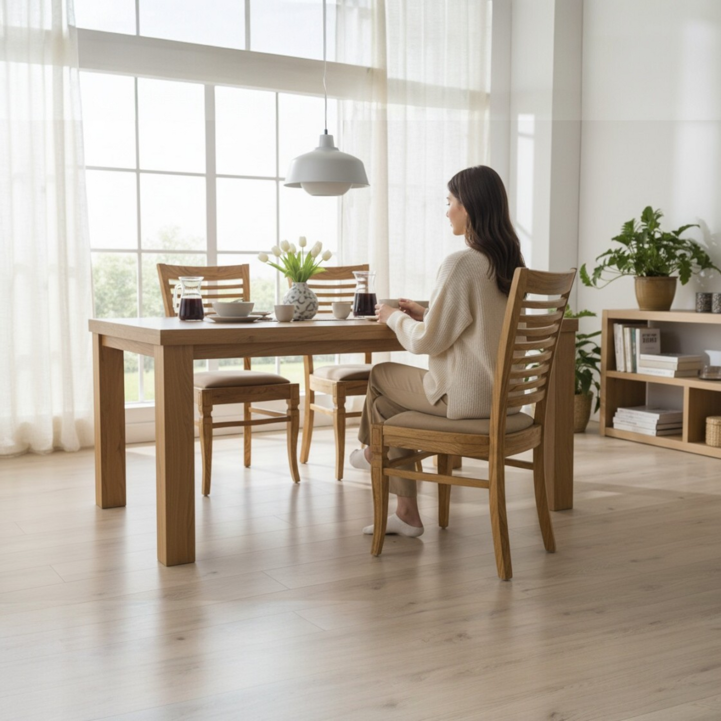 Lumber Casa Solid Wood Living Room Chair with Upholstered Seat, Ladder Back, Natural Finish, 48x46x91 cm