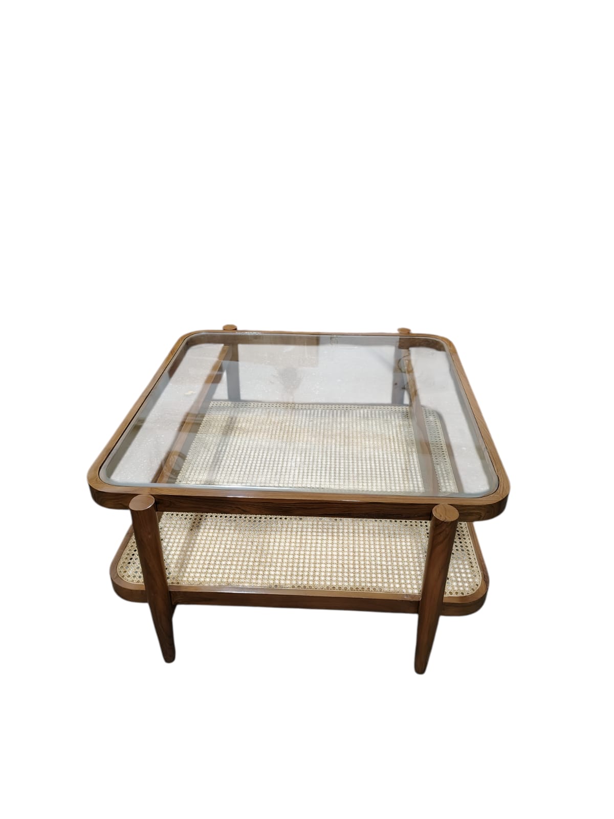 Lumber Casa Coffee Table with GlasS Wood Frame, 36x36x18 Inch, 2-Tier