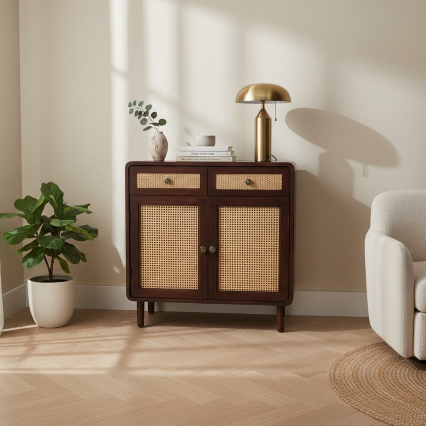 Classic dark brown wooden cabinet with woven rattan cane panel doors and drawers, complemented by antique brass-finish metal handles for a timeless look