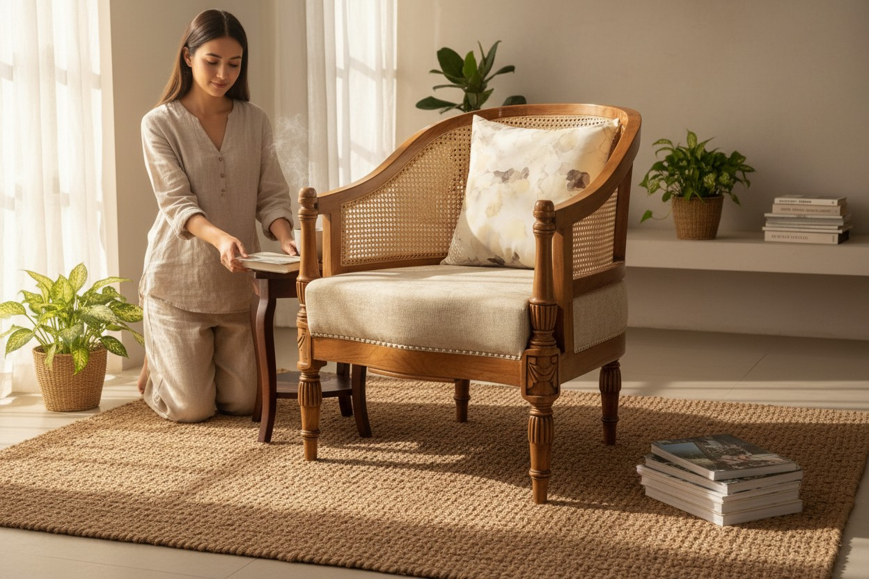Lumber Casa Living Room Chair with Cane Back, Wooden Frame, Upholstered Seat, 23x24x32 Inch