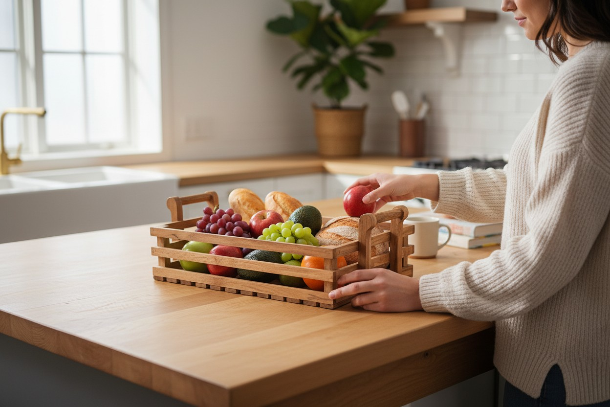 Lumber Casa Wooden Fruit and Bread Storage Tray with Handles, 22x15x8 Inch, Slatted Design