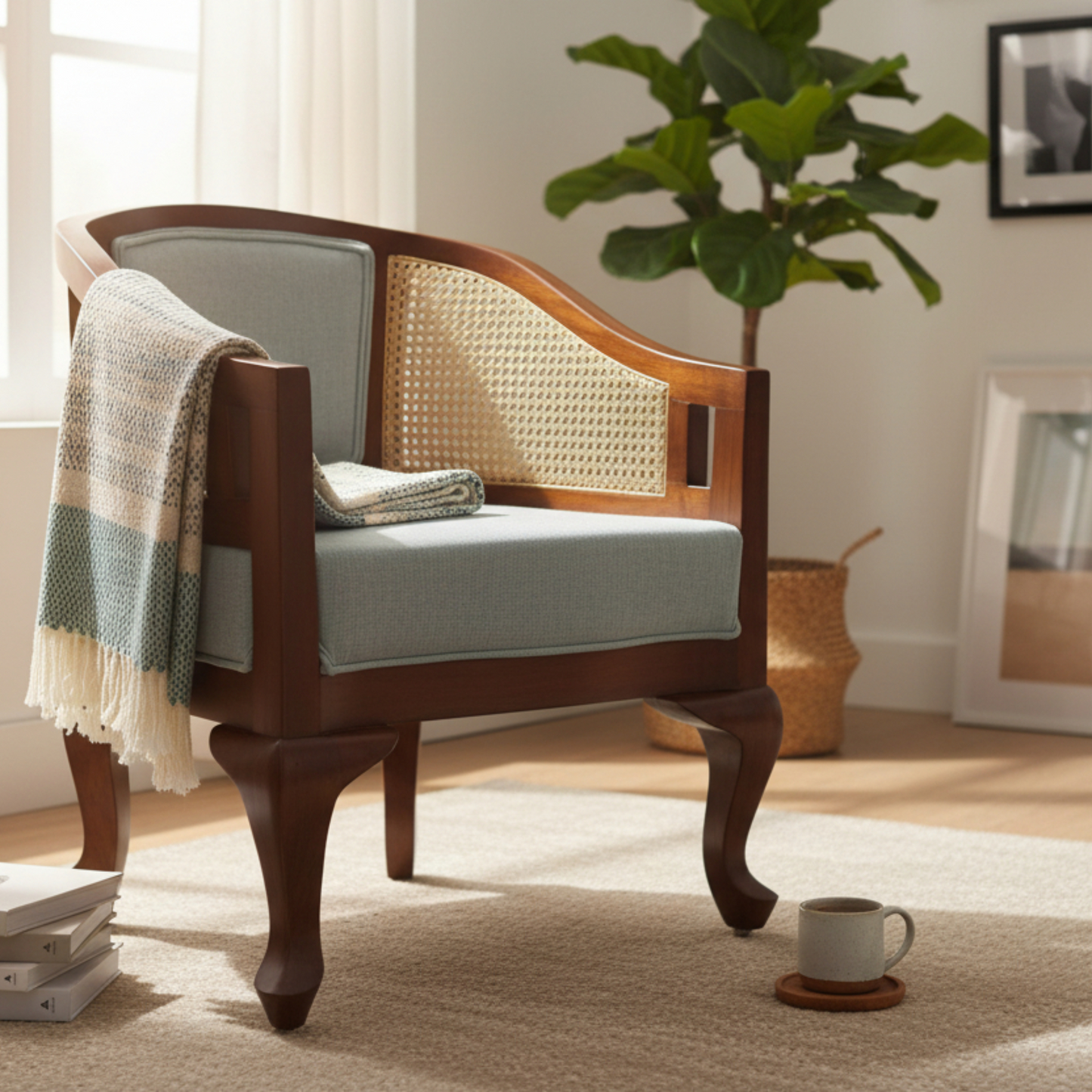 Rattan Cane Accent Chair with Blue Cushions