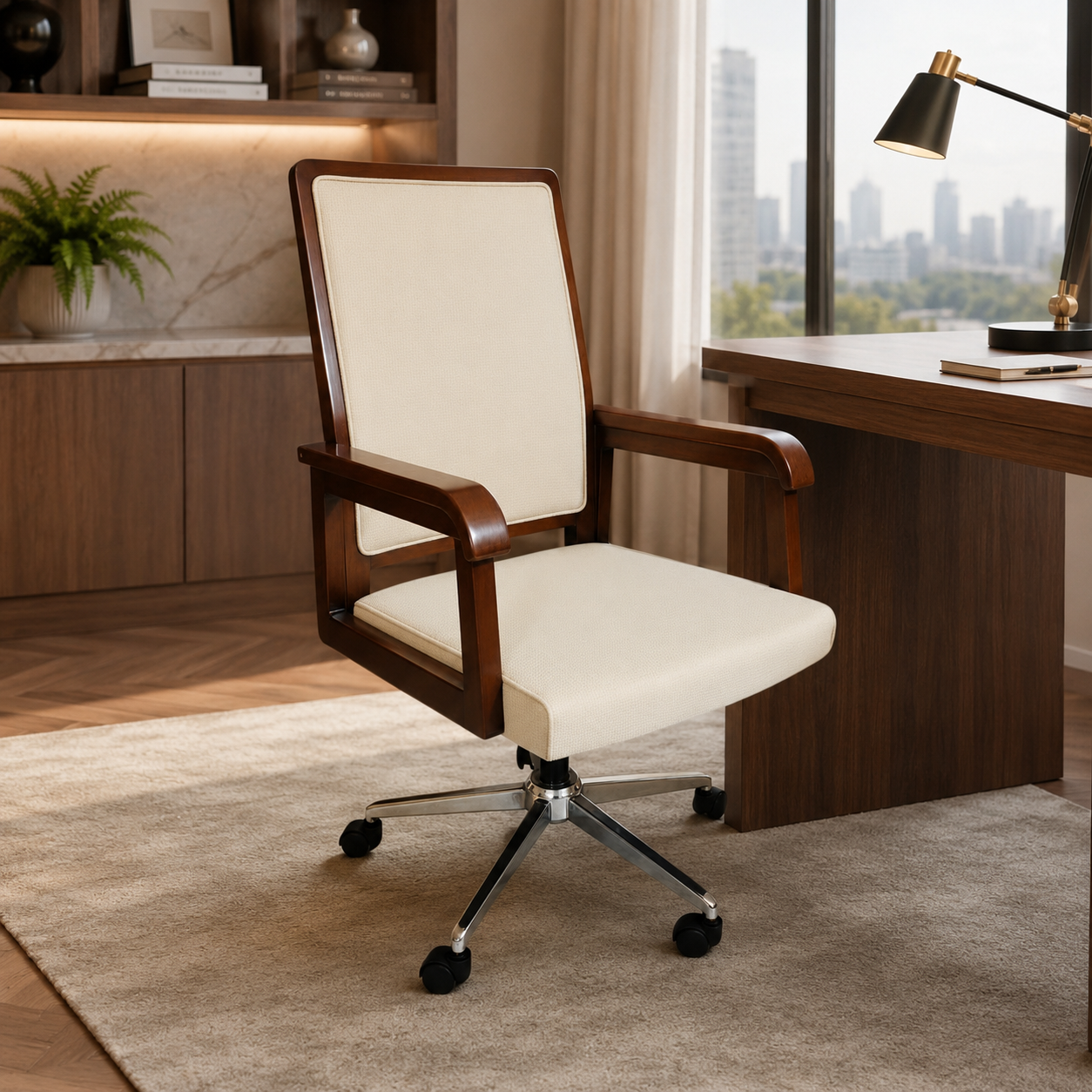 Vintage Plastic Cane Teak Wood Office Chair, Wooden Frame with White Rattan Back and Seat, Chrome Base with Wheels Light swalnut Colour