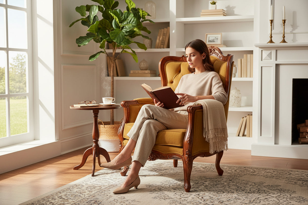 Lumber Casa Teak Wood Visitor Armchair with Velvet Cushion