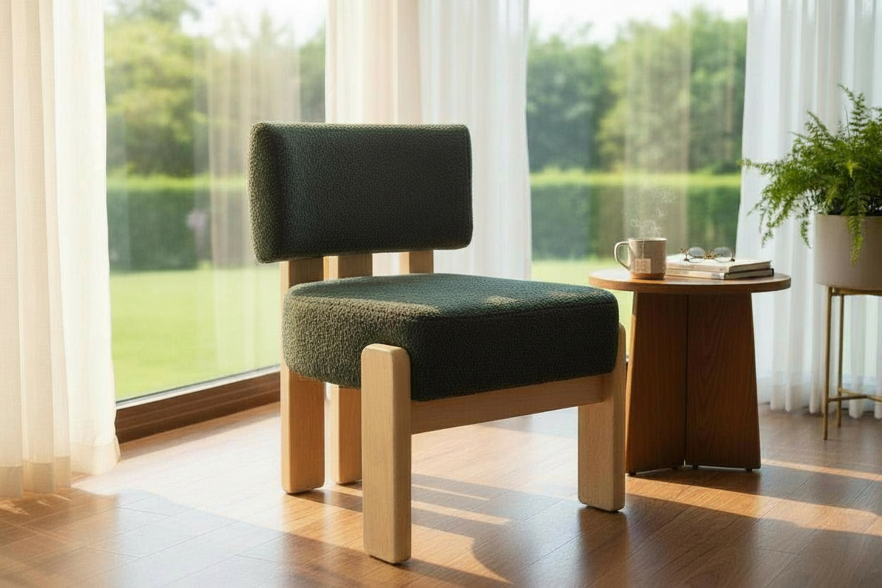 Premium Rubber Wood Living Room Chair by Lumber Casa, Natural Teak Semi-Matt Melamine Finish, High-Density Foam Upholstered Comfortable Designer Seating