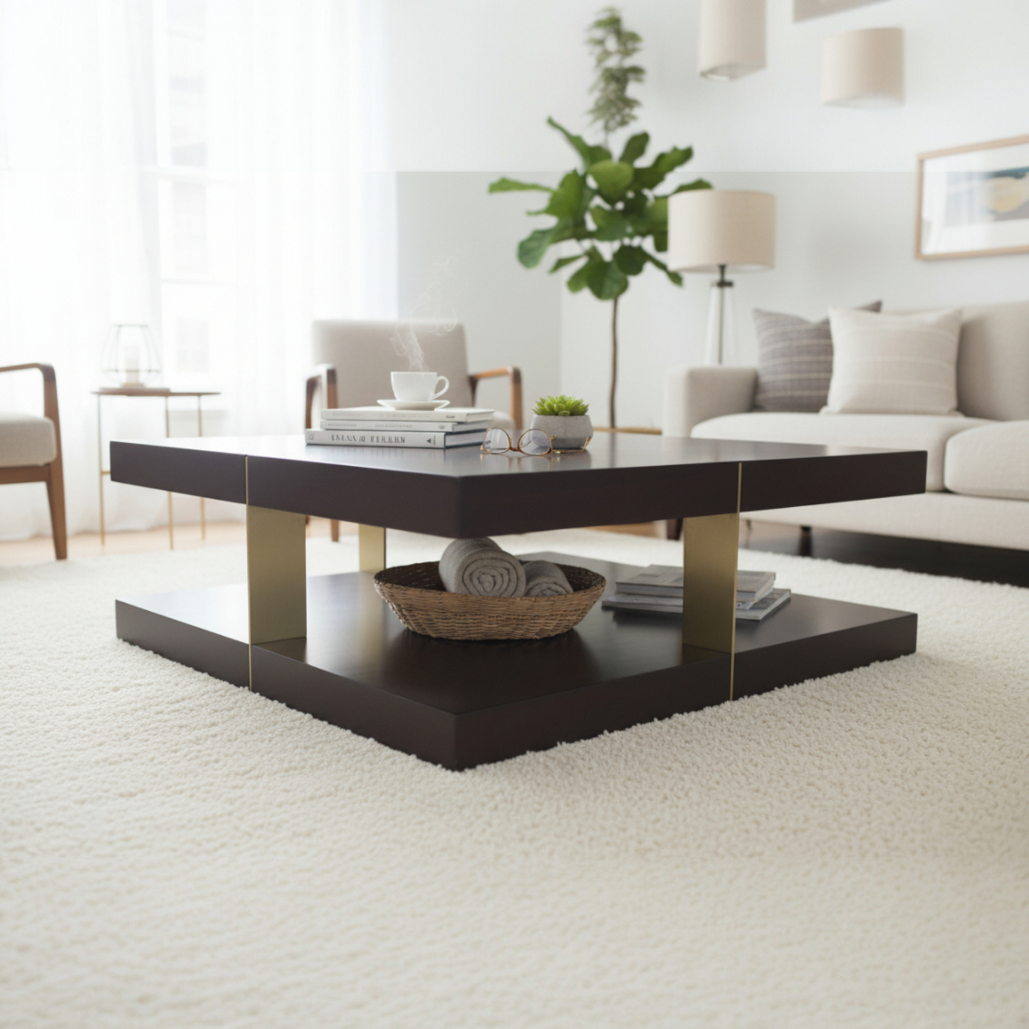 Modern Two-Tier Coffee Table with Storage Shelf