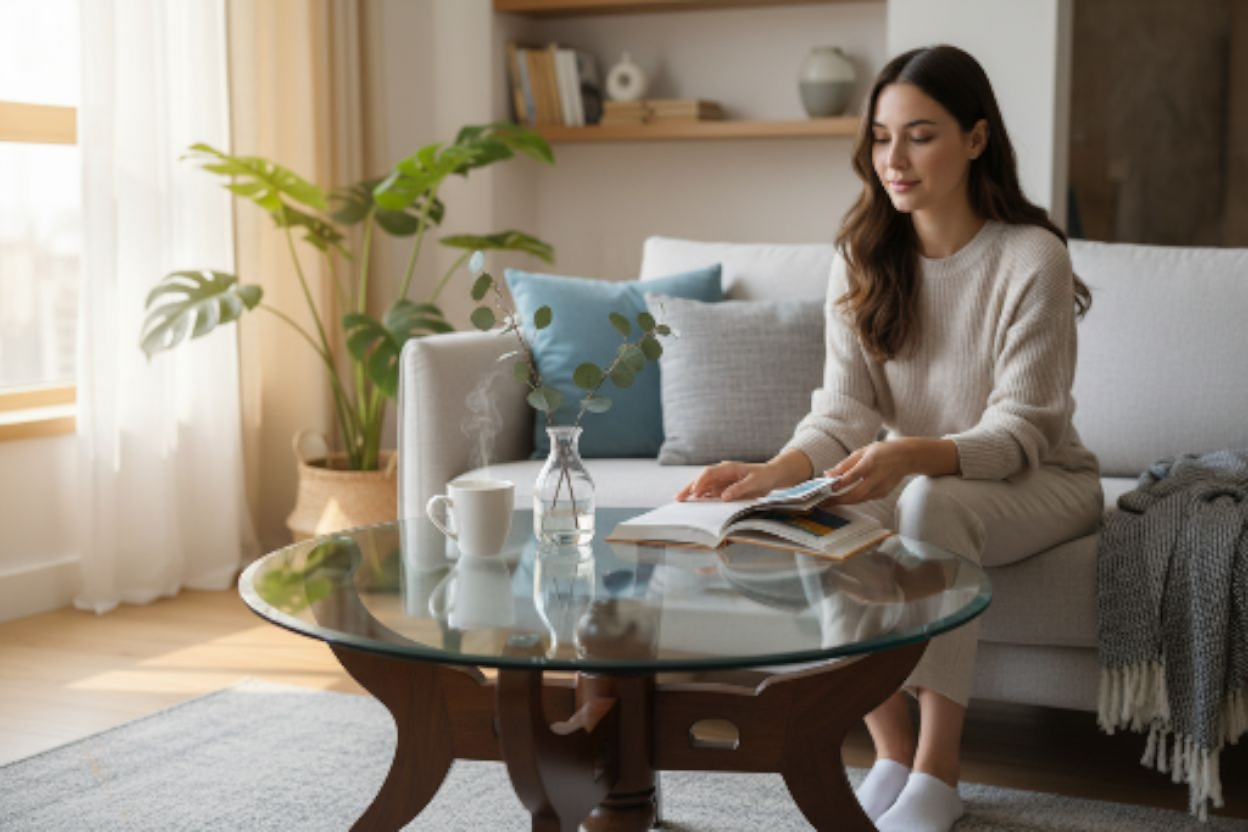 Round Glass Top Coffee Table with Wooden Base