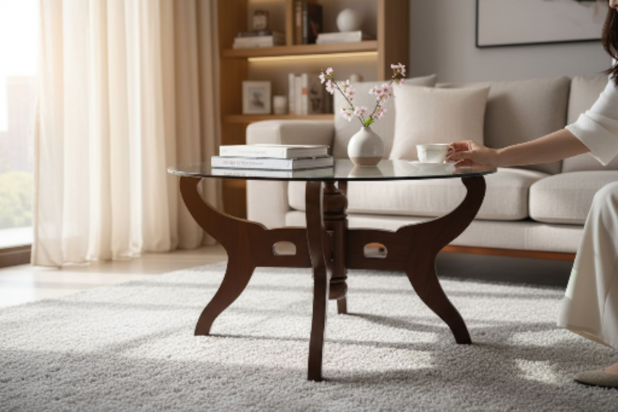 Round Glass Top Coffee Table with Wooden Base