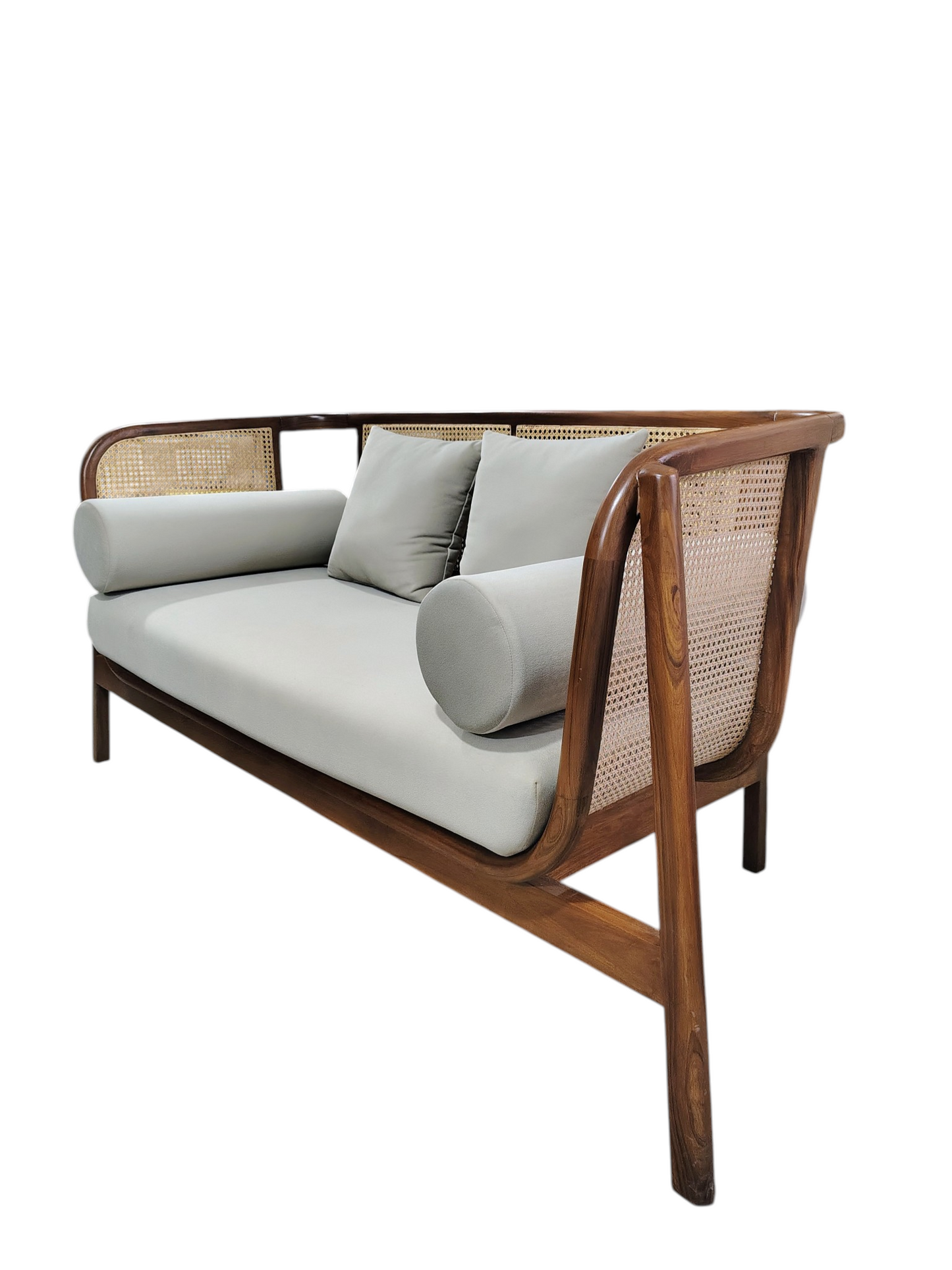 Lumber Casa Wooden Sofa with Rattan Cane Backrest, Bohemian Style, 152x71x76 cm