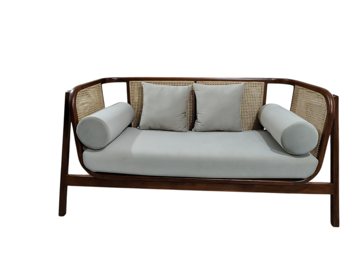 Lumber Casa Wooden Sofa with Rattan Cane Backrest, Bohemian Style, 152x71x76 cm