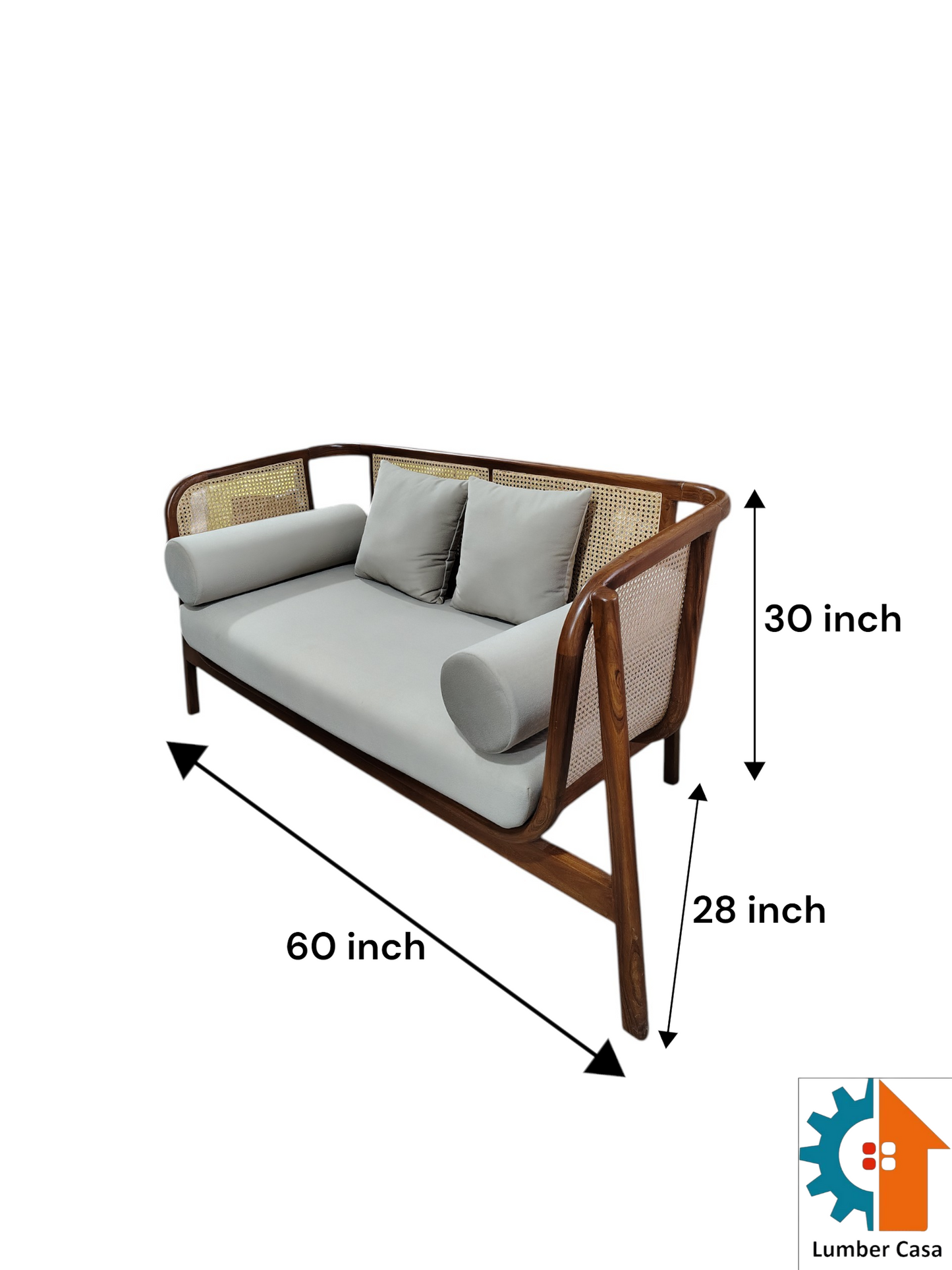 Lumber Casa Wooden Sofa with Rattan Cane Backrest, Bohemian Style, 152x71x76 cm