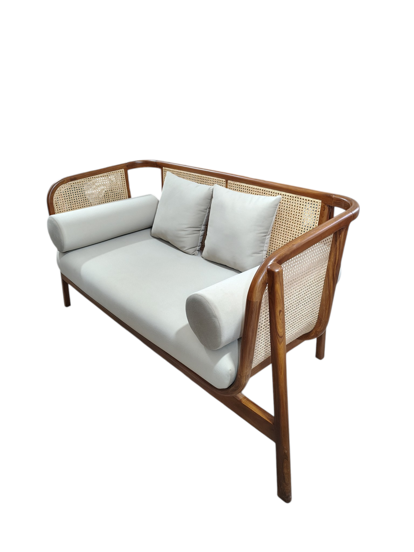 Lumber Casa Wooden Sofa with Rattan Cane Backrest, Bohemian Style, 152x71x76 cm