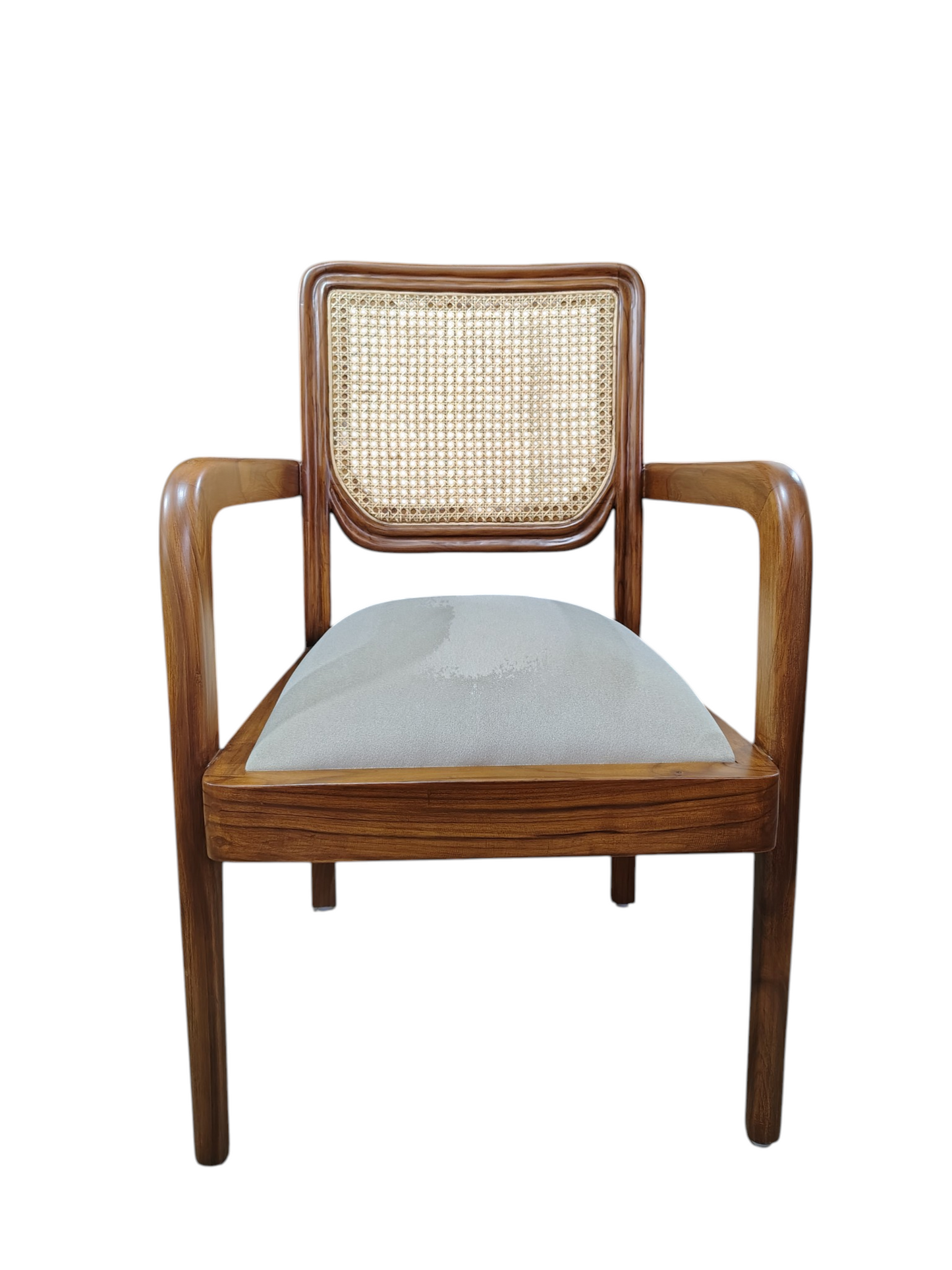 teak wood living room chair Features a woven cane backrest set in a beautifully crafted teak wood frame, blending traditional and contemporary styles.