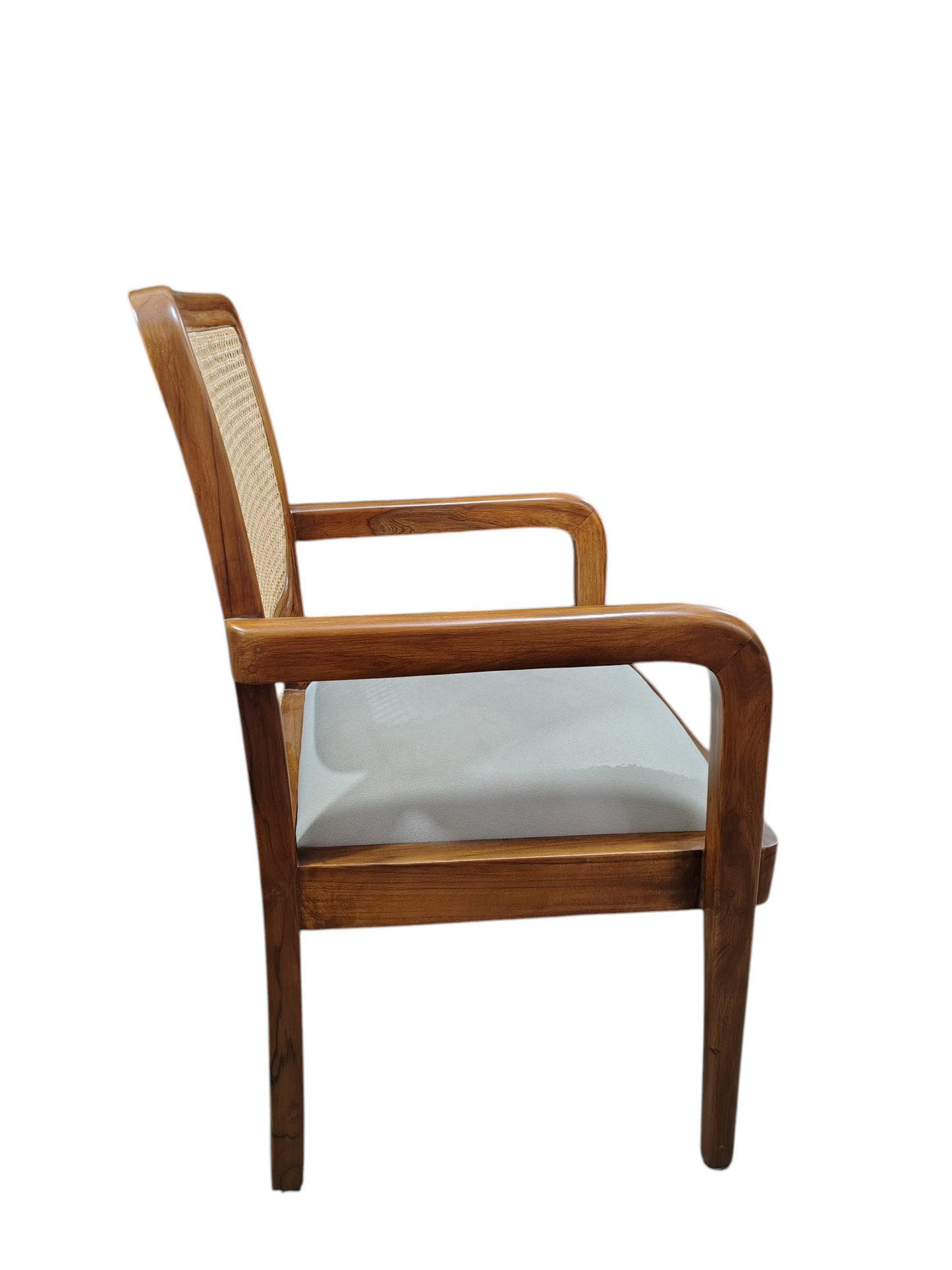 teak wood living room chair Features a woven cane backrest set in a beautifully crafted teak wood frame, blending traditional and contemporary styles.