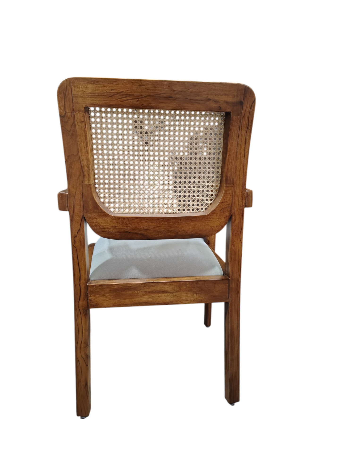 teak wood living room chair Features a woven cane backrest set in a beautifully crafted teak wood frame, blending traditional and contemporary styles.