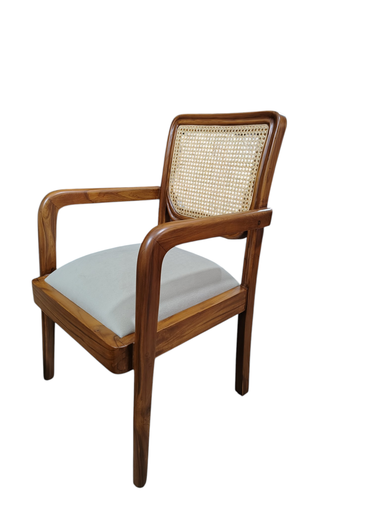 teak wood living room chair Features a woven cane backrest set in a beautifully crafted teak wood frame, blending traditional and contemporary styles.