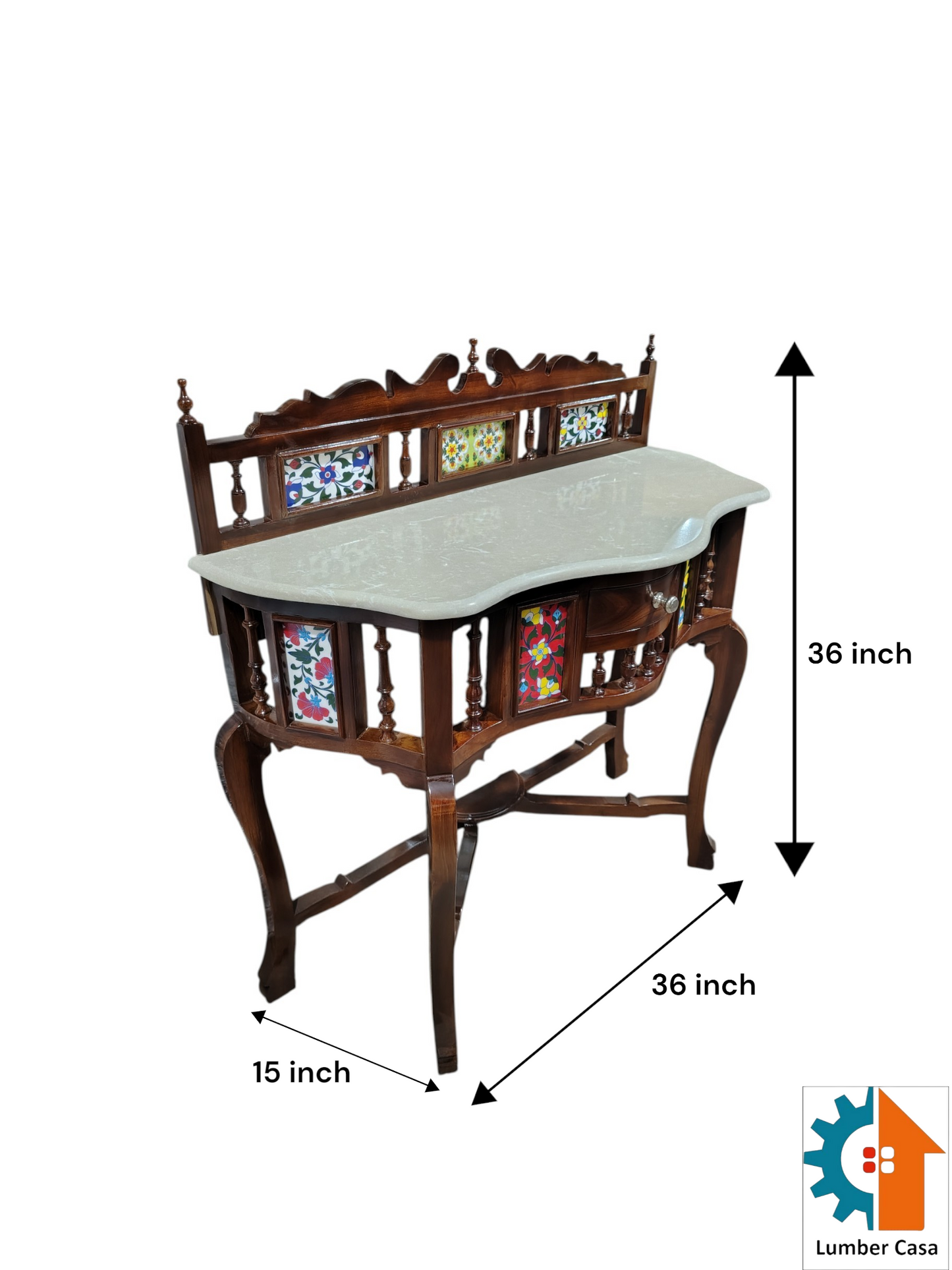 Lumber Casa Console Table with Marble Top, Colorful Floral Tile Inlay, Wooden, 91x38x91 cm