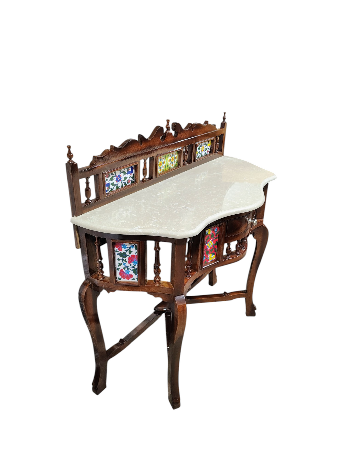 Lumber Casa Console Table with Marble Top, Colorful Floral Tile Inlay, Wooden, 91x38x91 cm