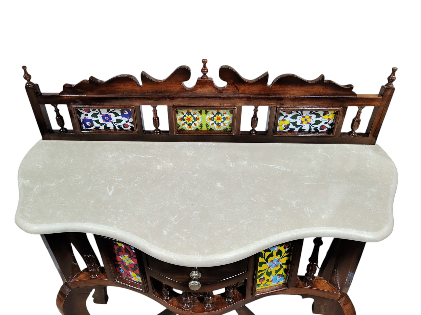 Lumber Casa Console Table with Marble Top, Colorful Floral Tile Inlay, Wooden, 91x38x91 cm