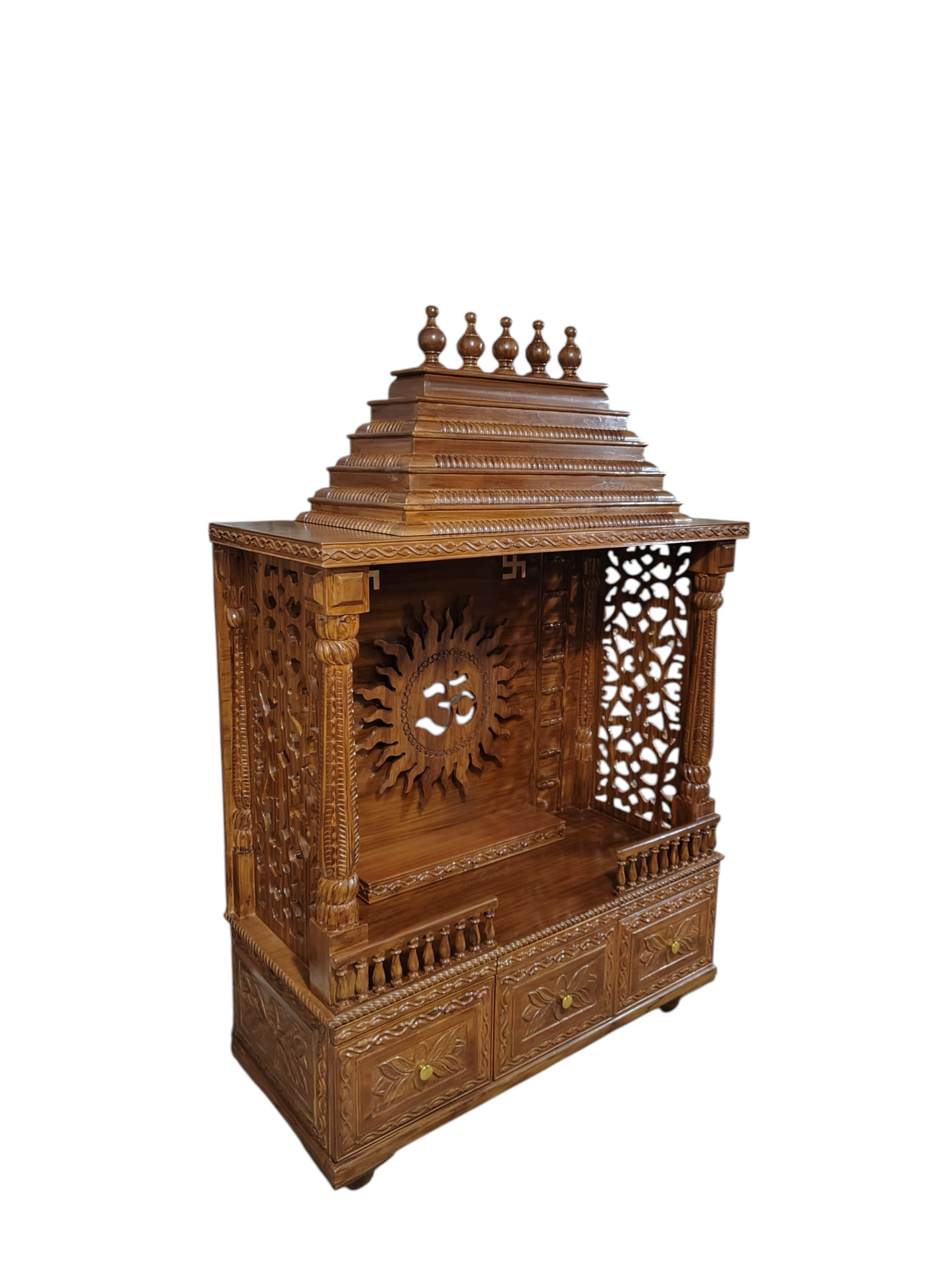 Lumber Casa Wooden Home Temple Mandir with Om Sun Carving, Stepped Shikhar, Storage Drawers, 40x18x72 Inch