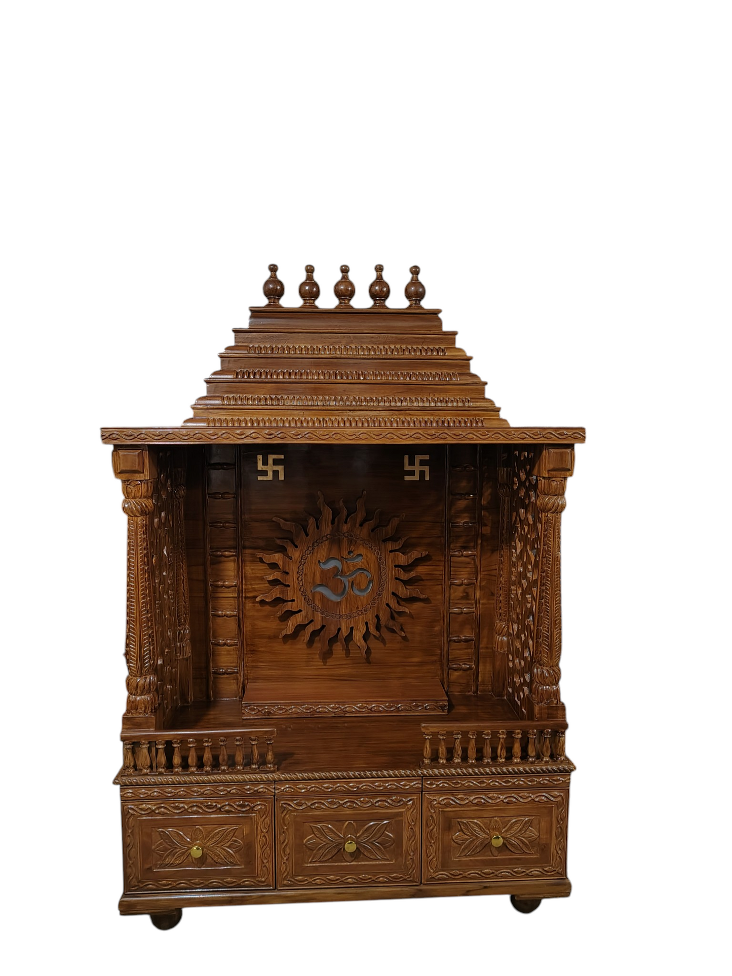 Lumber Casa Wooden Home Temple Mandir with Om Sun Carving, Stepped Shikhar, Storage Drawers, 40x18x72 Inch