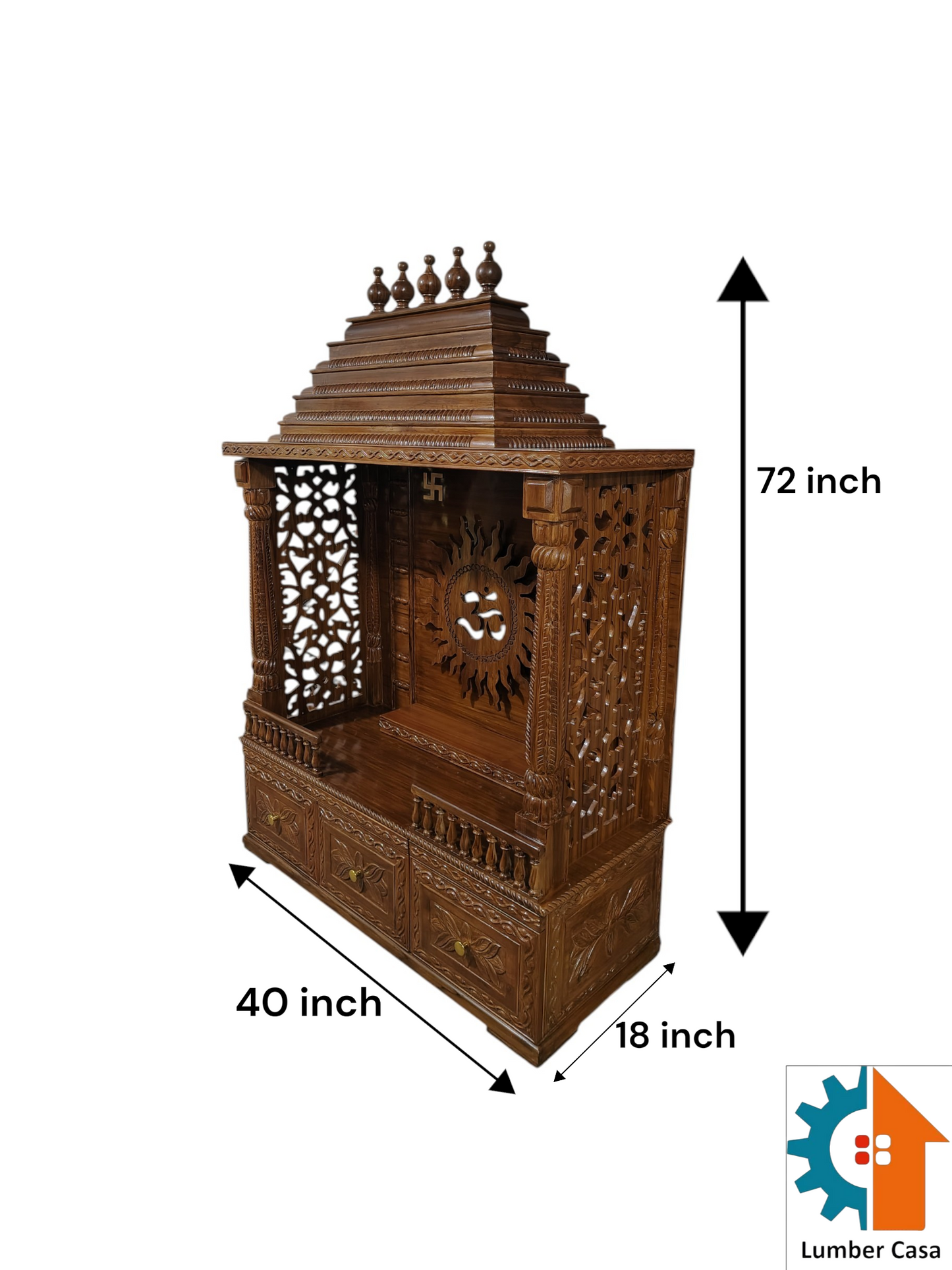 Lumber Casa Wooden Home Temple Mandir with Om Sun Carving, Stepped Shikhar, Storage Drawers, 40x18x72 Inch