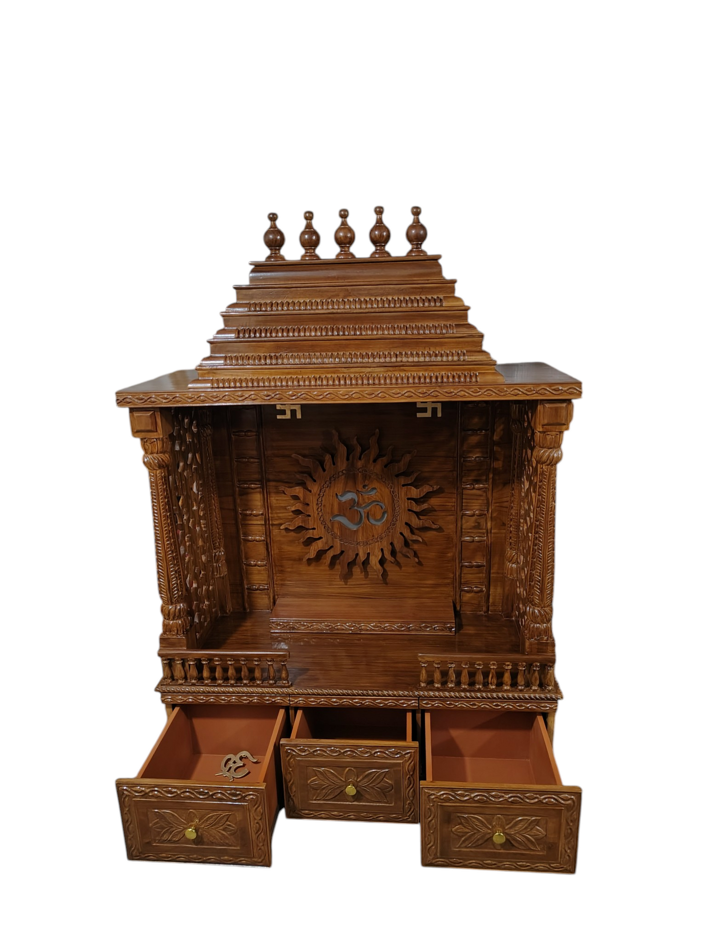 Lumber Casa Wooden Home Temple Mandir with Om Sun Carving, Stepped Shikhar, Storage Drawers, 40x18x72 Inch