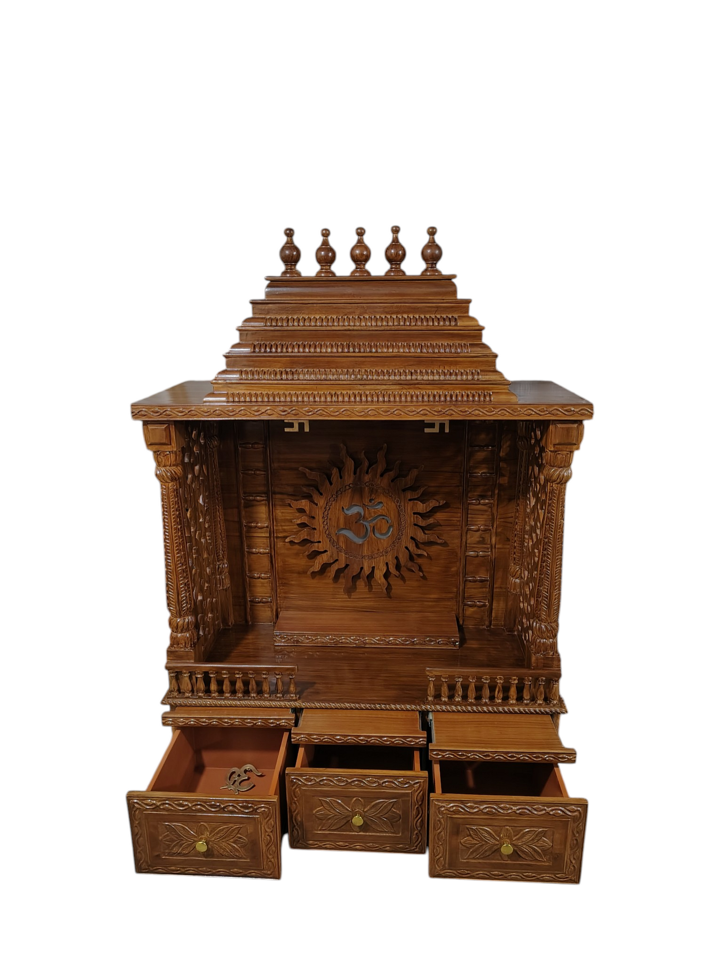 Lumber Casa Wooden Home Temple Mandir with Om Sun Carving, Stepped Shikhar, Storage Drawers, 40x18x72 Inch