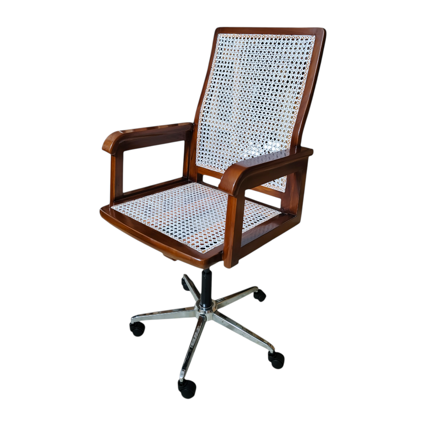 Vintage Plastic Cane Teak Wood Office Chair, Wooden Frame with White Rattan Back and Seat, Chrome Base with Wheels Light swalnut Colour