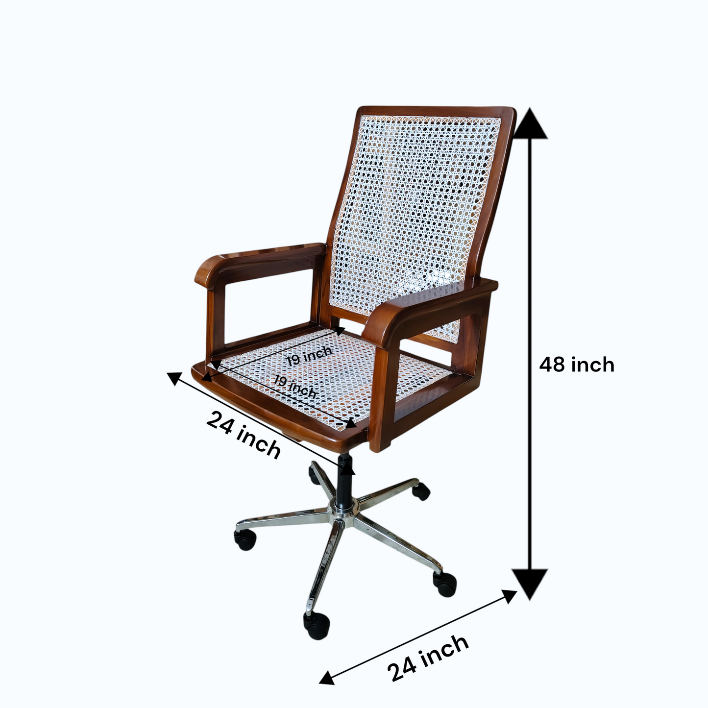 Vintage Plastic Cane Teak Wood Office Chair, Wooden Frame with White Rattan Back and Seat, Chrome Base with Wheels Light swalnut Colour