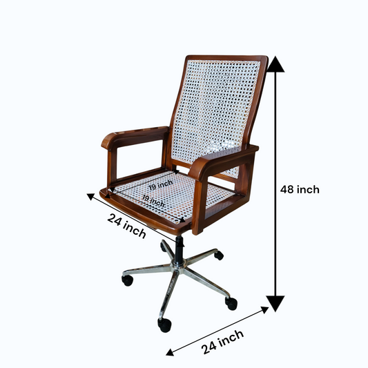 Vintage Plastic Cane Teak Wood Office Chair, Wooden Frame with White Rattan Back and Seat, Chrome Base with Wheels Light swalnut Colour