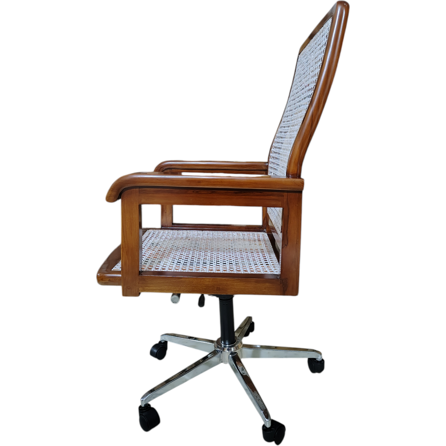 Vintage Plastic Cane Teak Wood Office Chair, Wooden Frame with White Rattan Back and Seat, Chrome Base with Wheels Light swalnut Colour