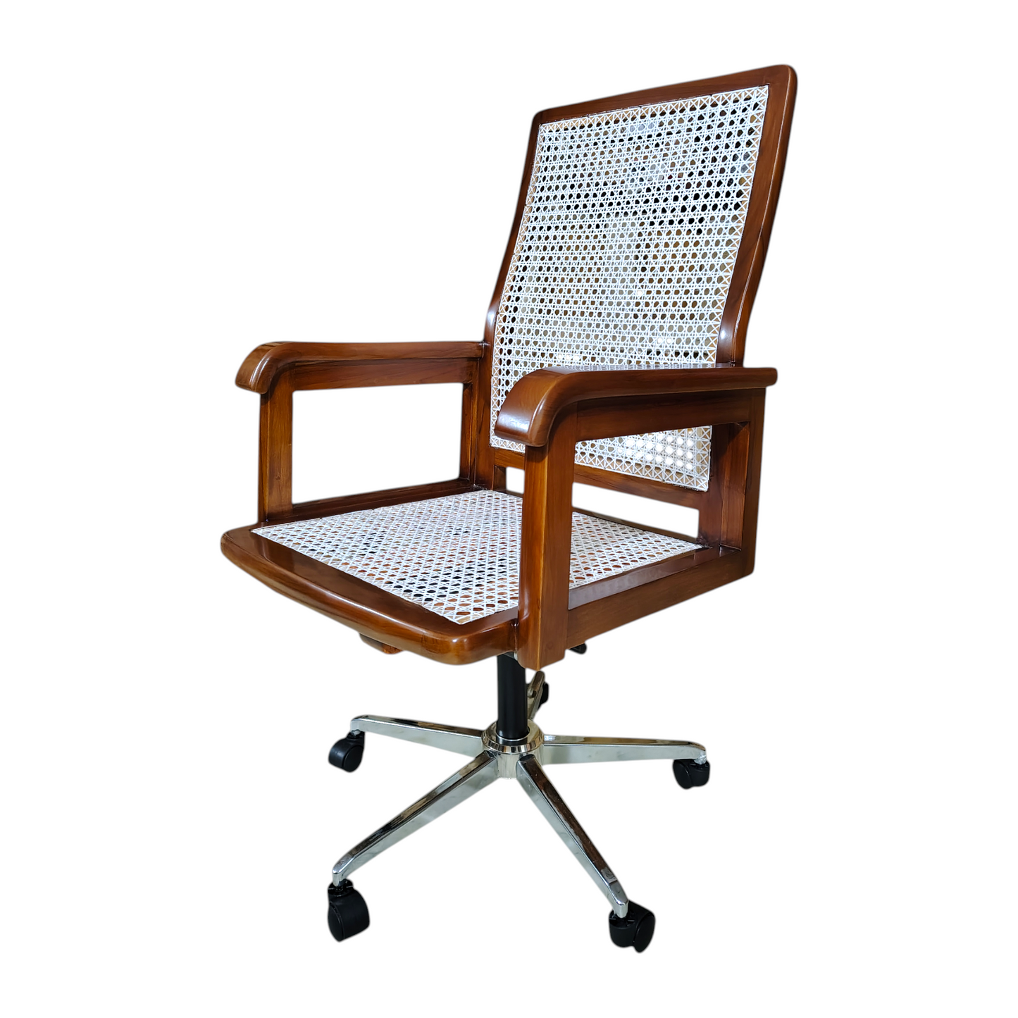 Vintage Plastic Cane Teak Wood Office Chair, Wooden Frame with White Rattan Back and Seat, Chrome Base with Wheels Light swalnut Colour