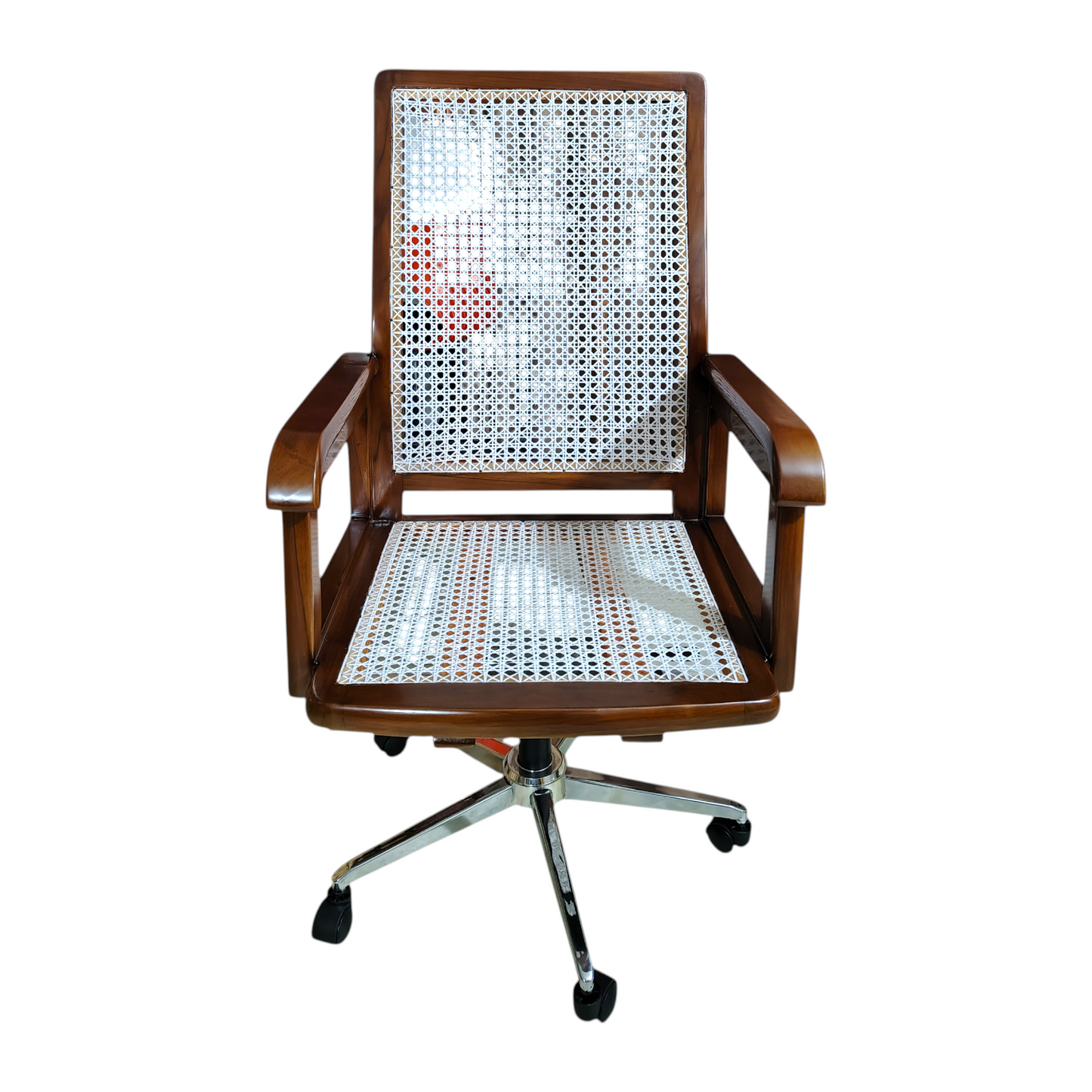 Vintage Plastic Cane Teak Wood Office Chair, Wooden Frame with White Rattan Back and Seat, Chrome Base with Wheels Light swalnut Colour