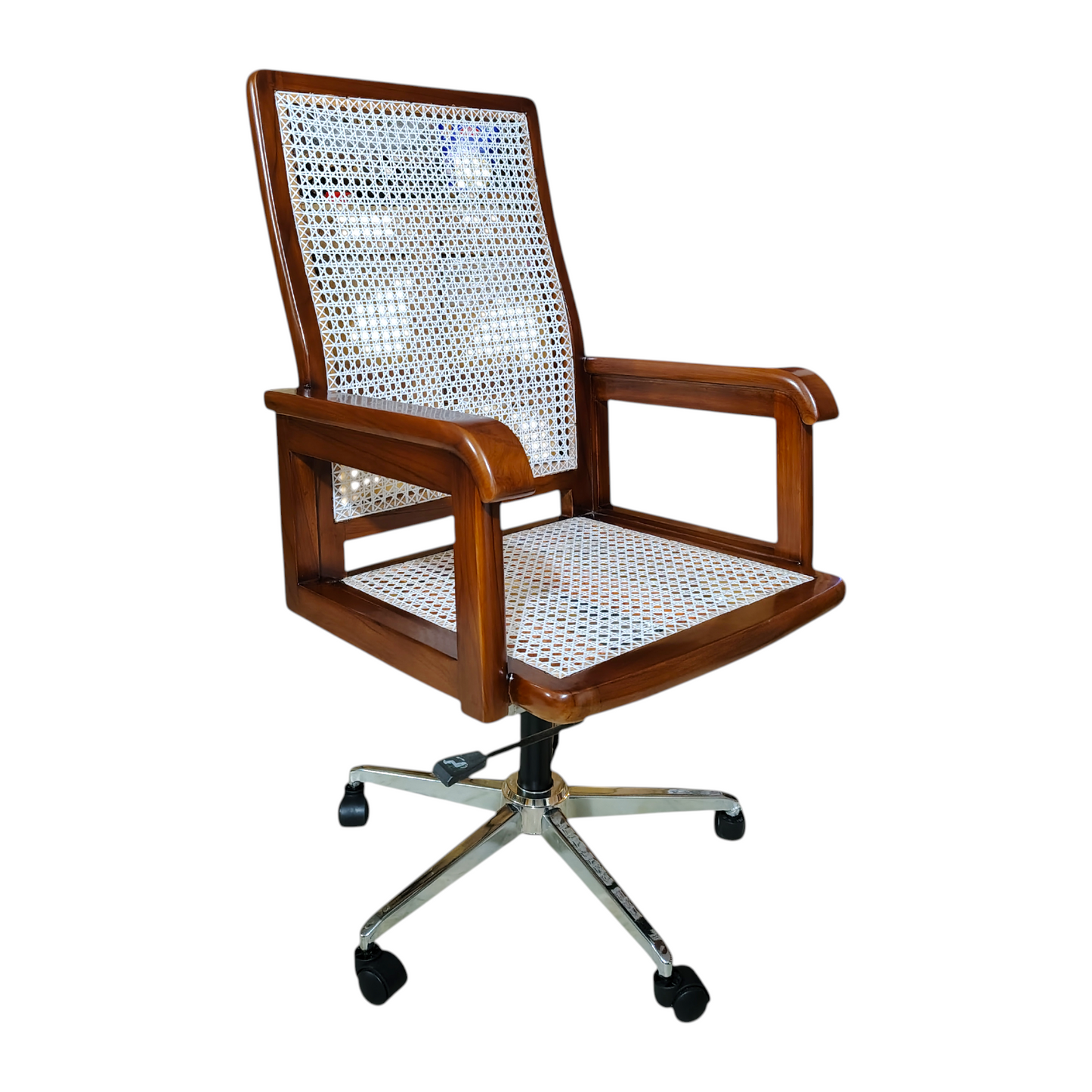 Vintage Plastic Cane Teak Wood Office Chair, Wooden Frame with White Rattan Back and Seat, Chrome Base with Wheels Light swalnut Colour