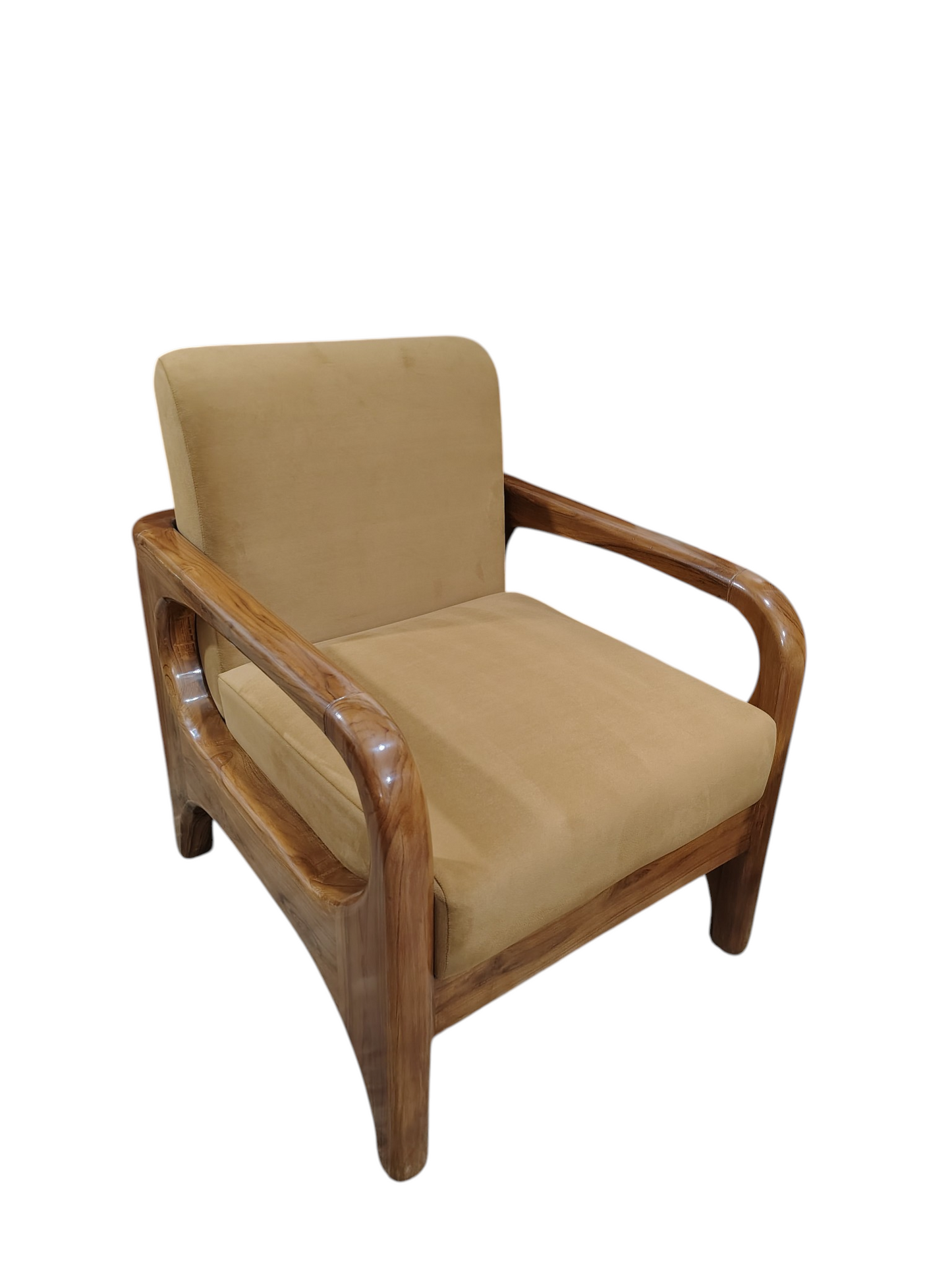 Lumber Casa Wooden Sofa Chair with Cushioned Seat and Back, Beige Upholstery, 27x28x30 Inch
