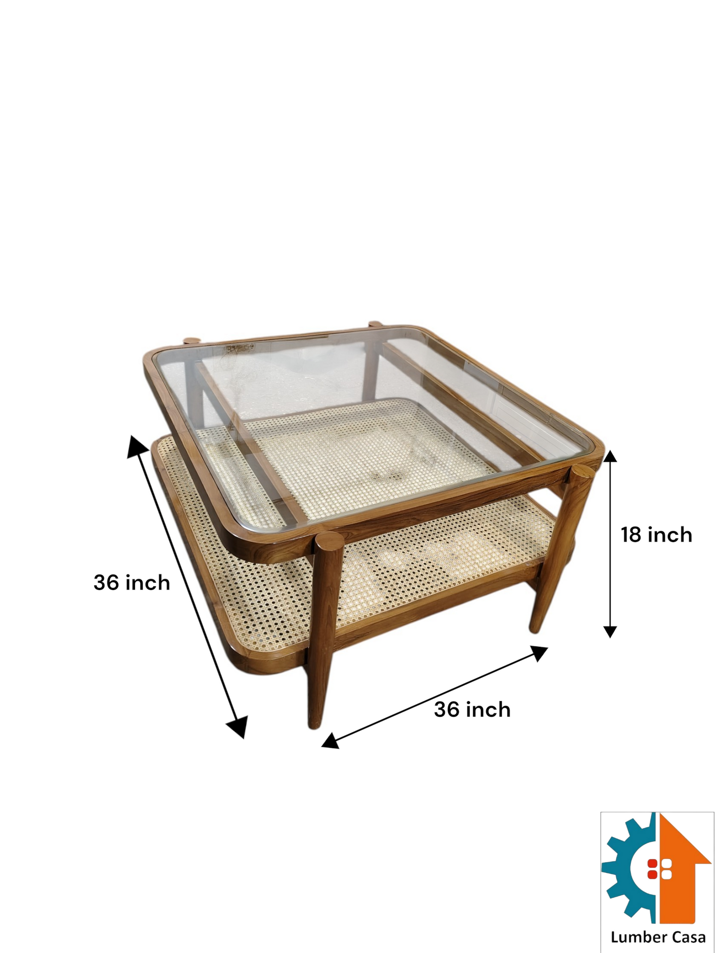 Lumber Casa Coffee Table with GlasS Wood Frame, 36x36x18 Inch, 2-Tier