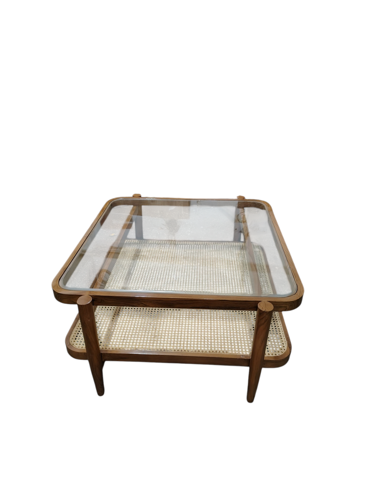Lumber Casa Coffee Table with GlasS Wood Frame, 36x36x18 Inch, 2-Tier