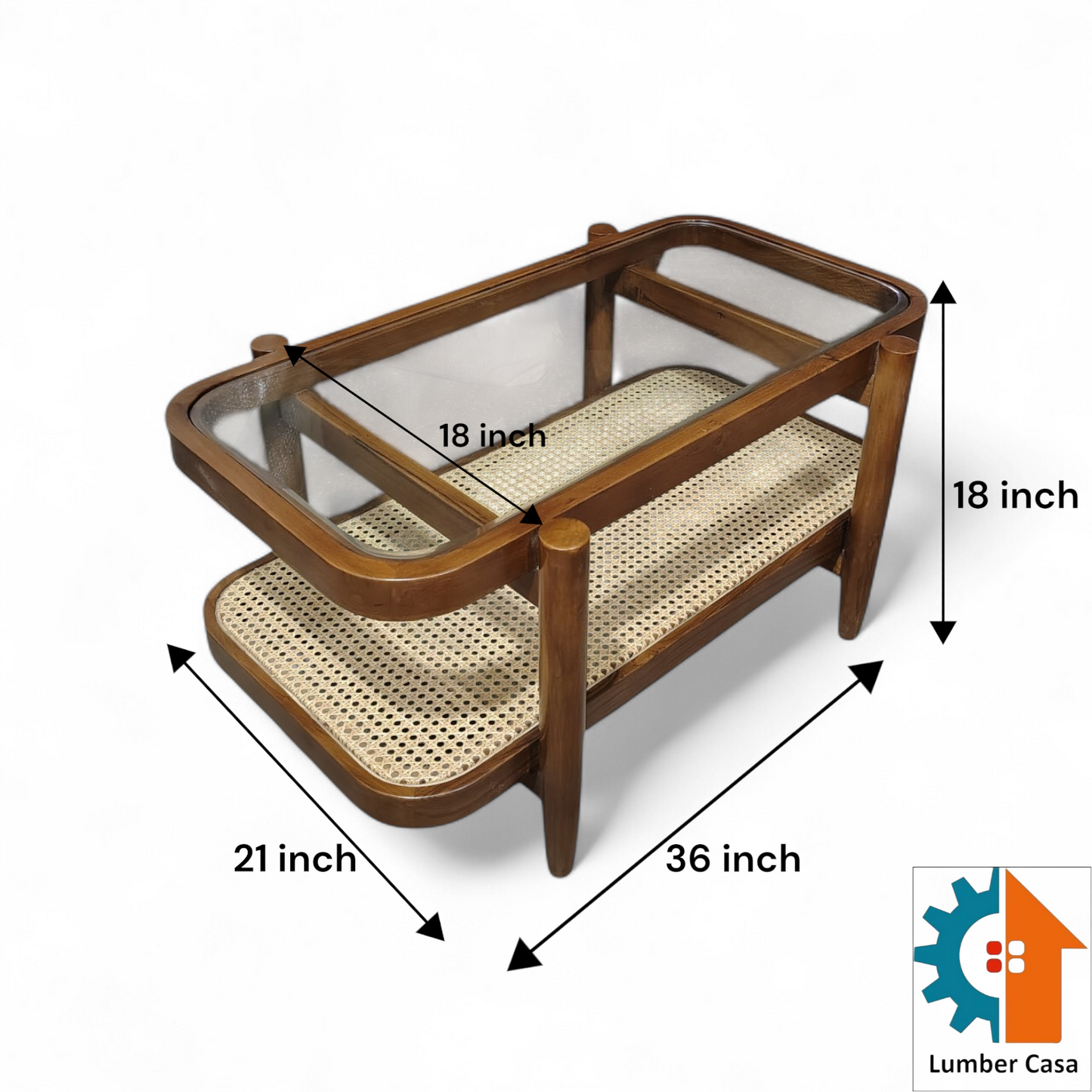 The glass top surface and lower cane woven shelf provide ample space for display and storage in your living room