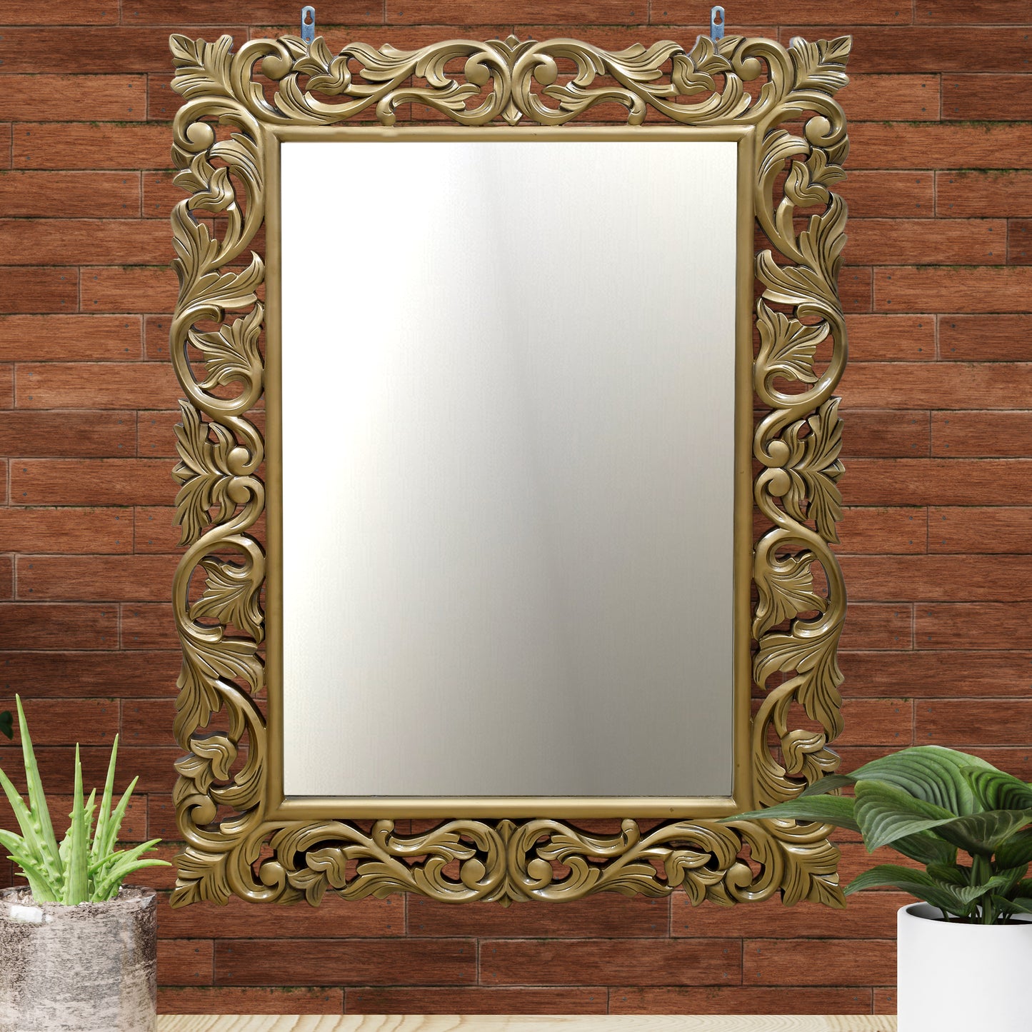 lumber casa GOLDEN HAND CARVED Polyurethane Coating Decorative Mirror (Rectangle)