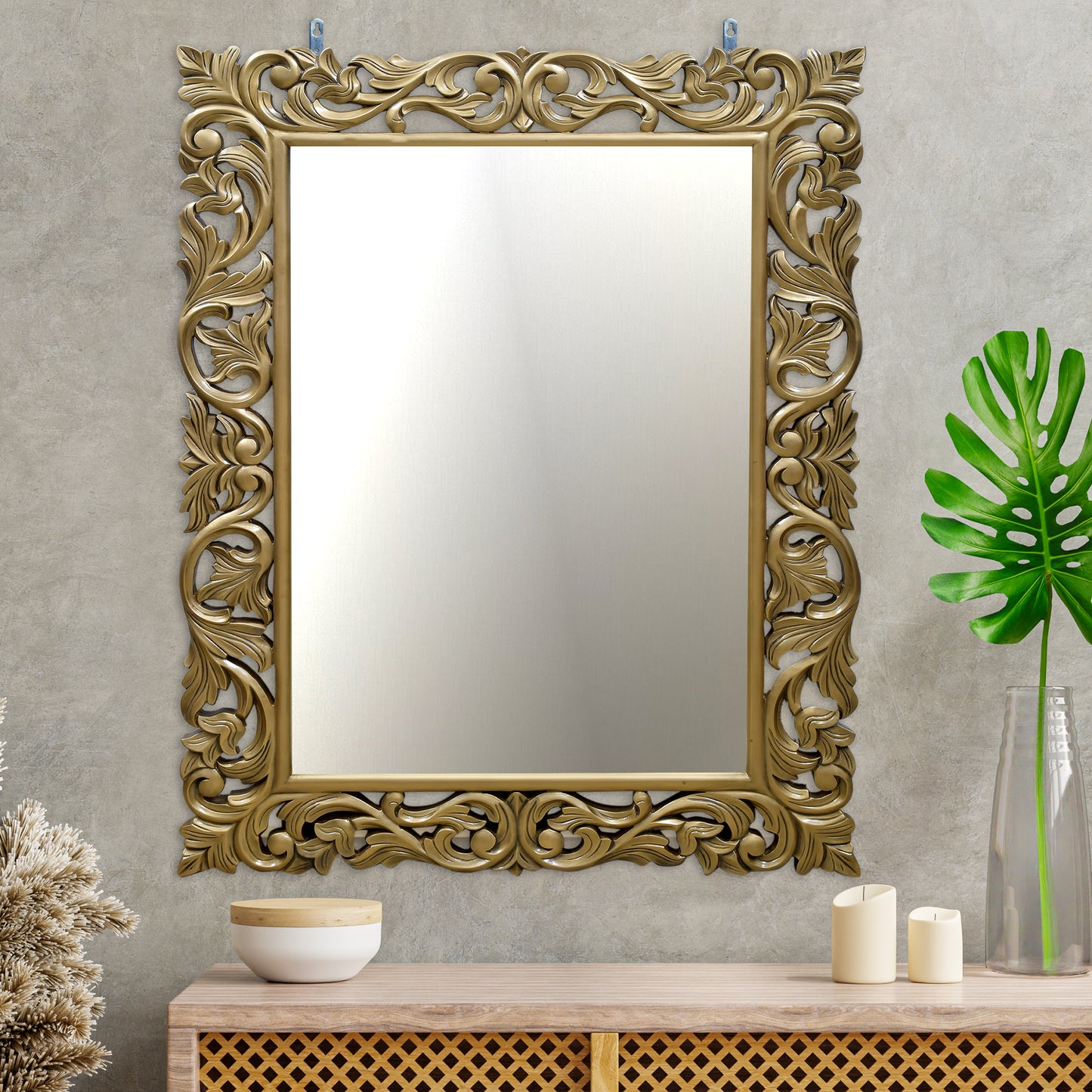 lumber casa GOLDEN HAND CARVED Polyurethane Coating Decorative Mirror (Rectangle)